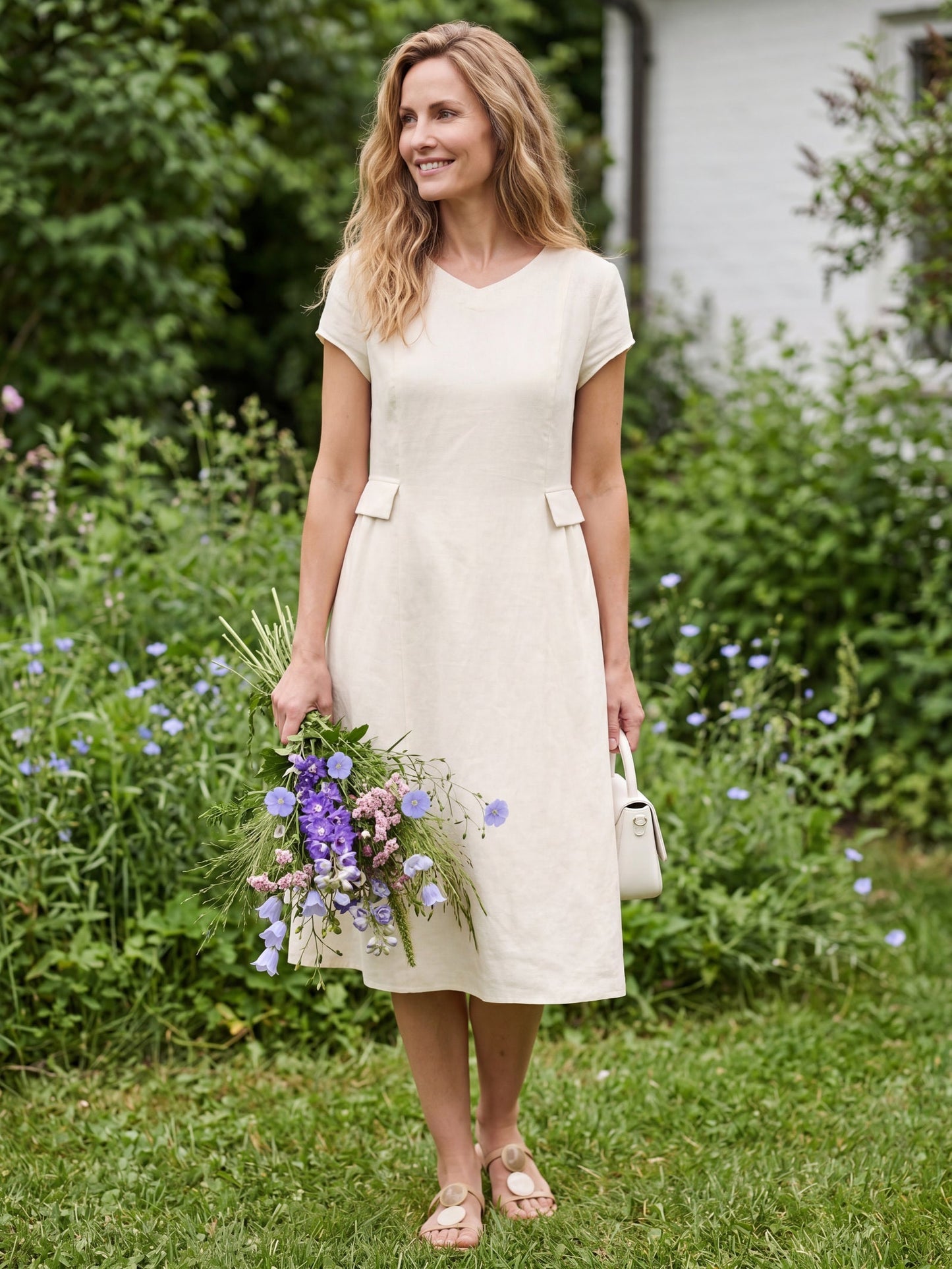 100% Linen Natural Summer V-Neck Dress ALEXA