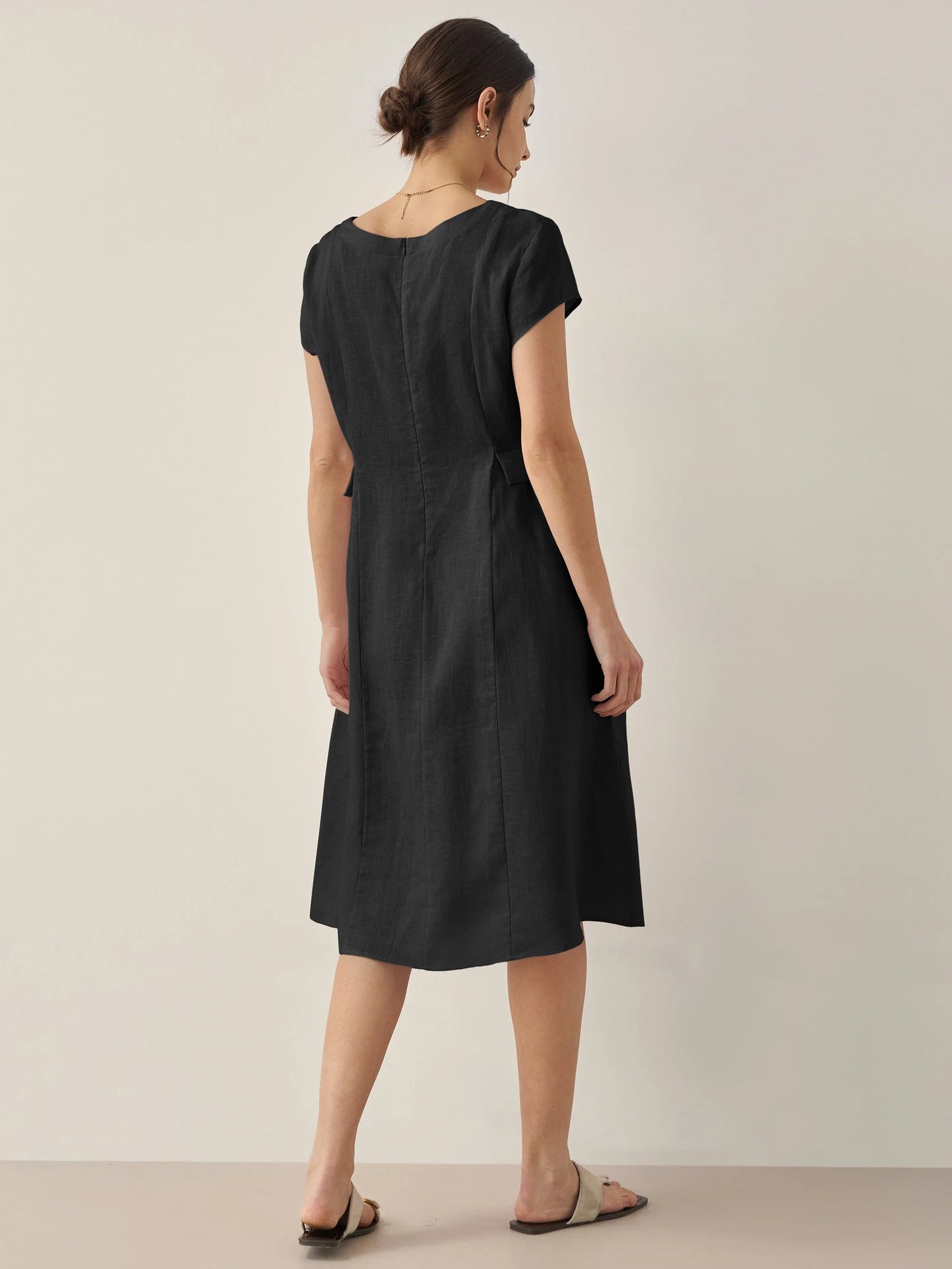 100% Linen Natural Summer V-Neck Dress ALEXA