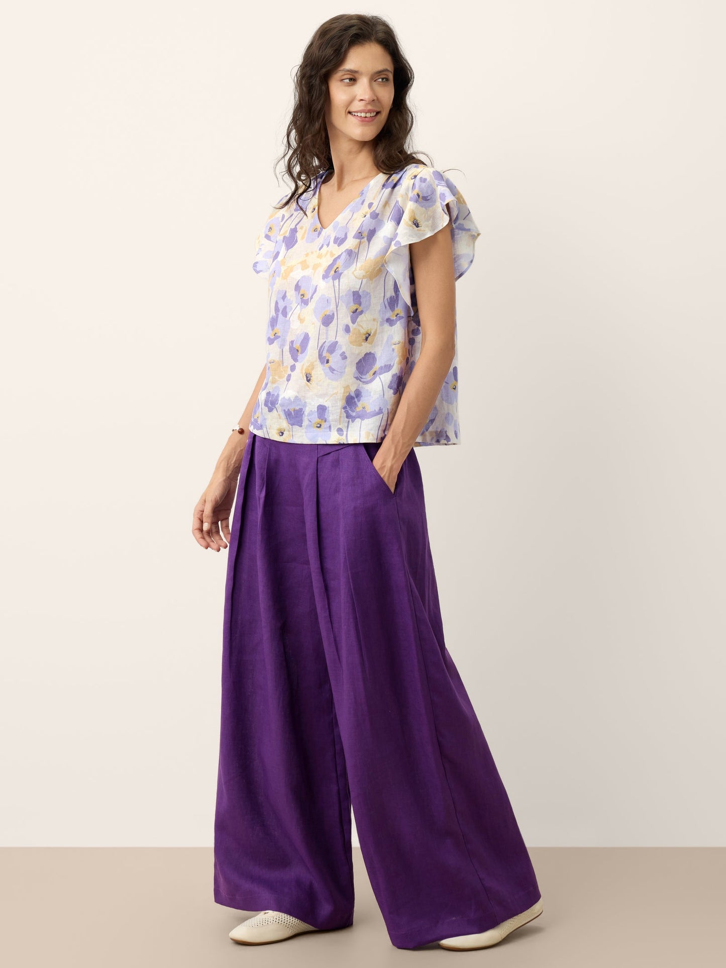 100% Linen Pleated Waist Wide Leg Pants LOUISA