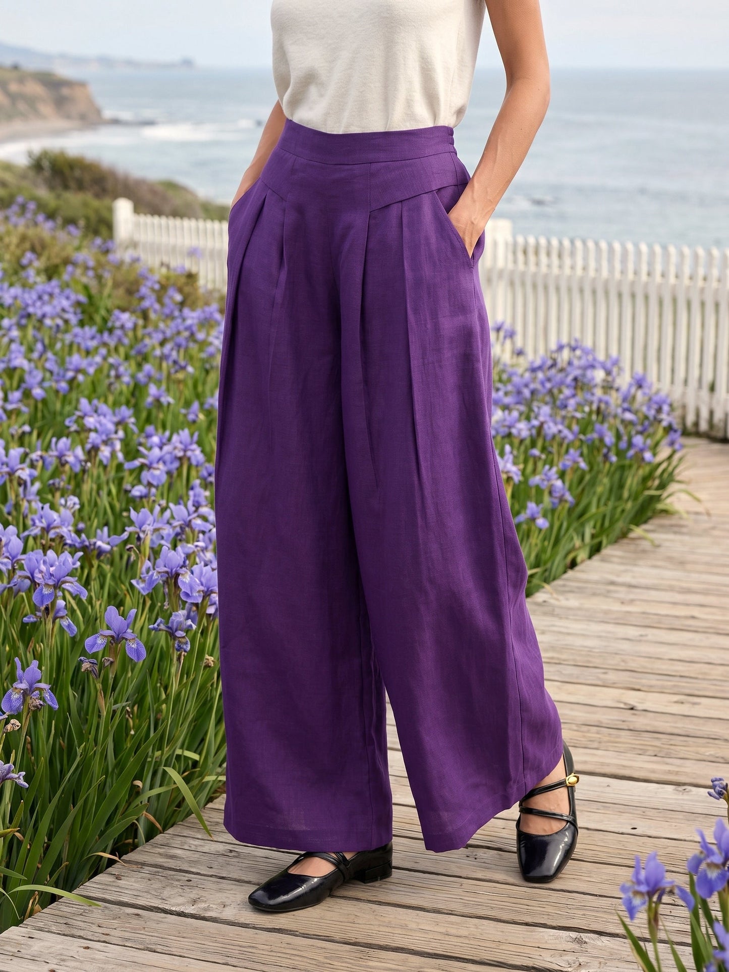 100% Linen Pleated Waist Wide Leg Pants LOUISA