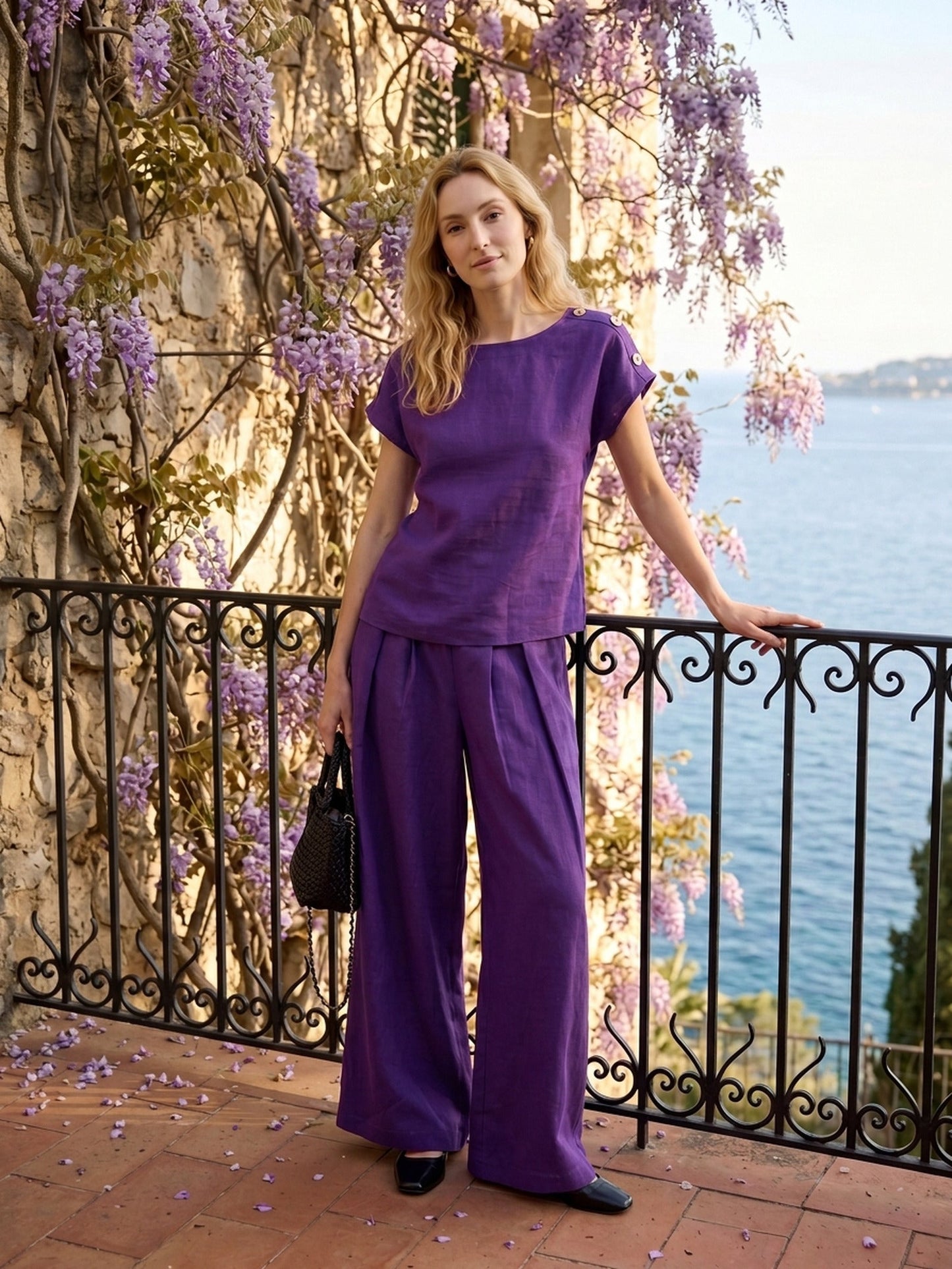 100% Linen Pleated Waist Wide Leg Pants LOUISA