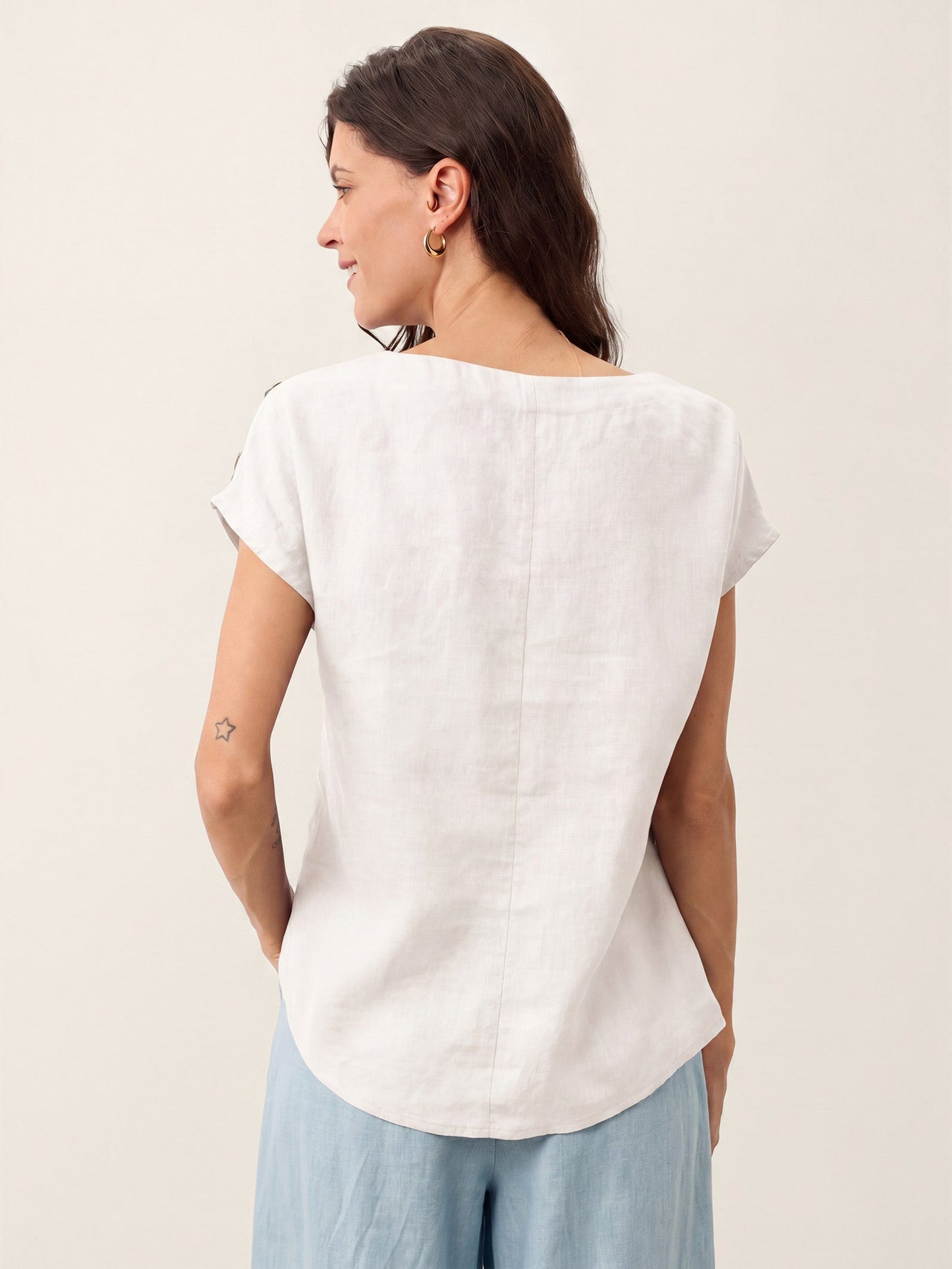 100% Linen Round Neck Button Detail Top ISABELLE