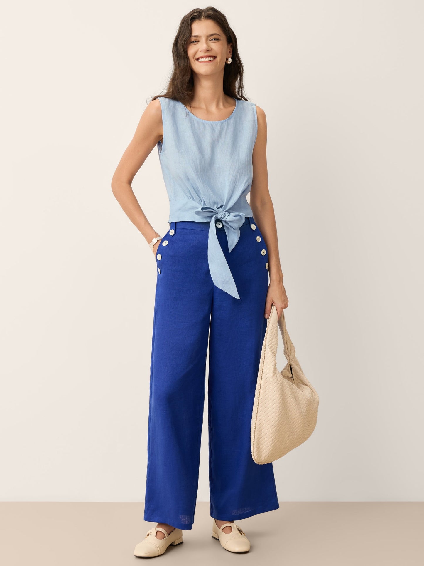 100% Linen Shell Button Elasticated Back Wide-Leg Pants IONE