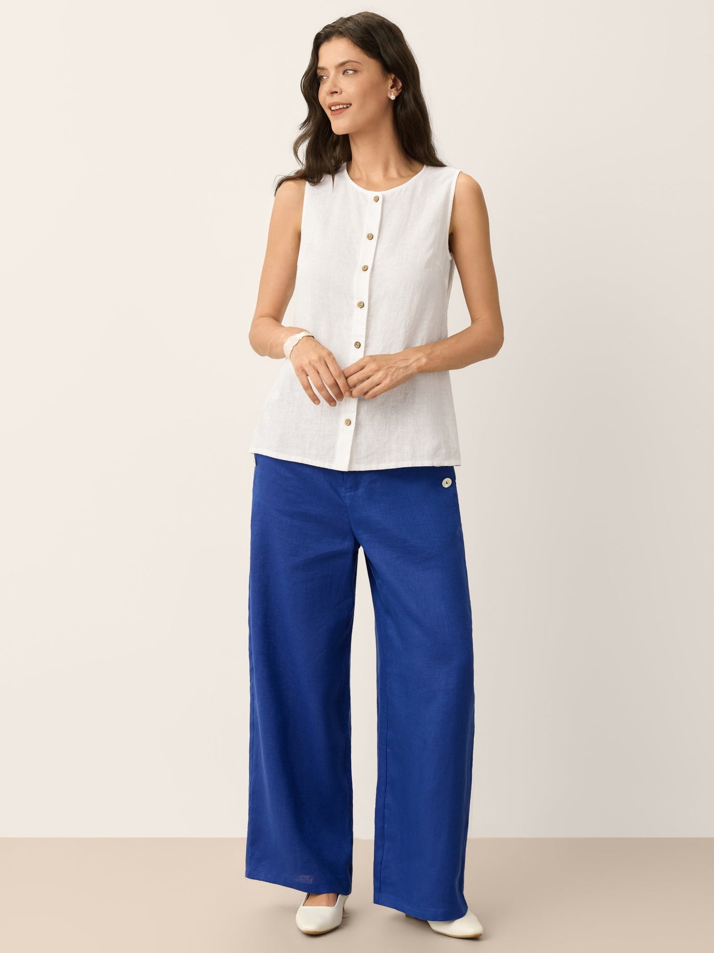 100% Linen Shell Button Elasticated Back Wide-Leg Pants IONE