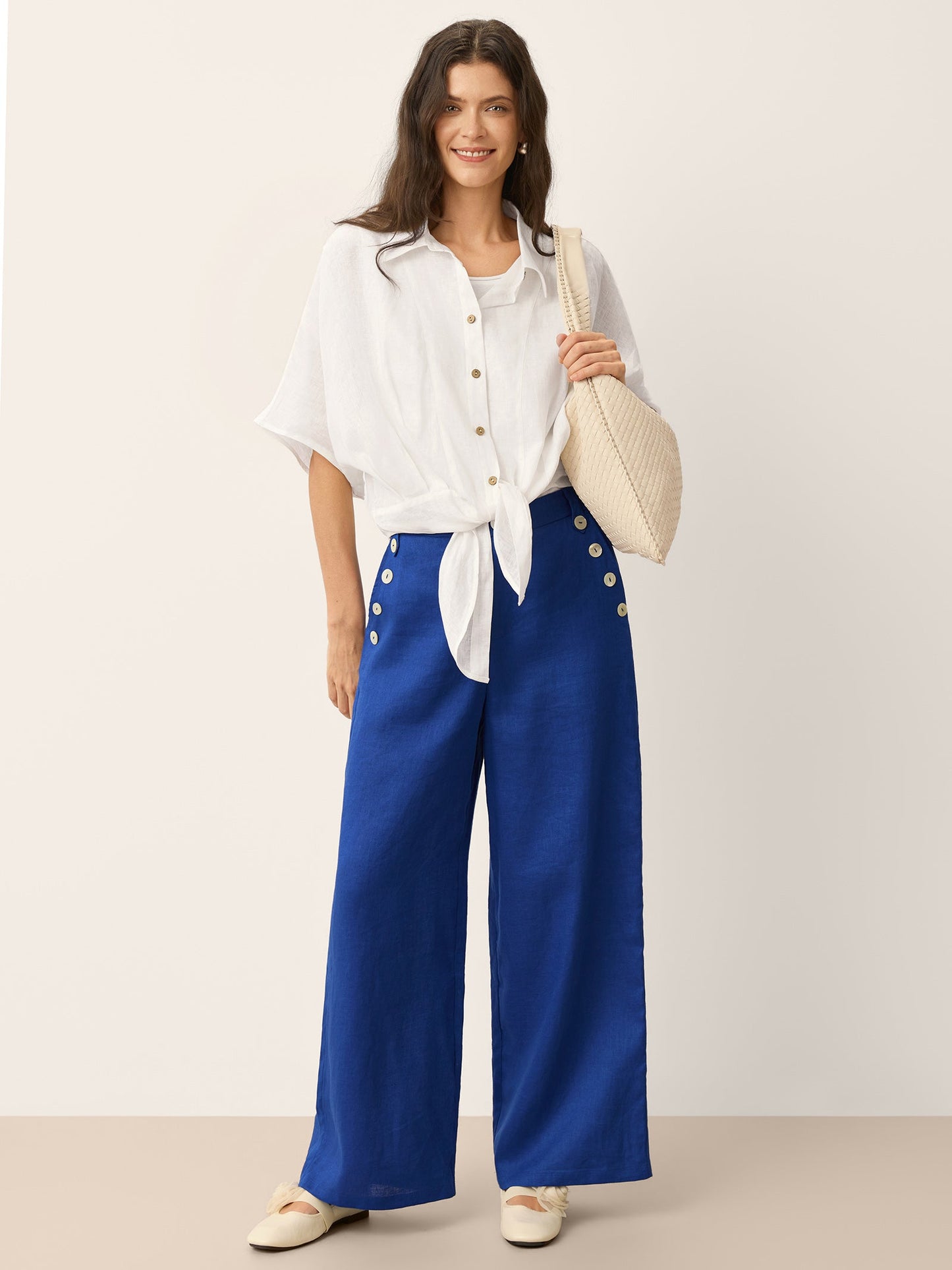 100% Linen Shell Button Elasticated Back Wide-Leg Pants IONE