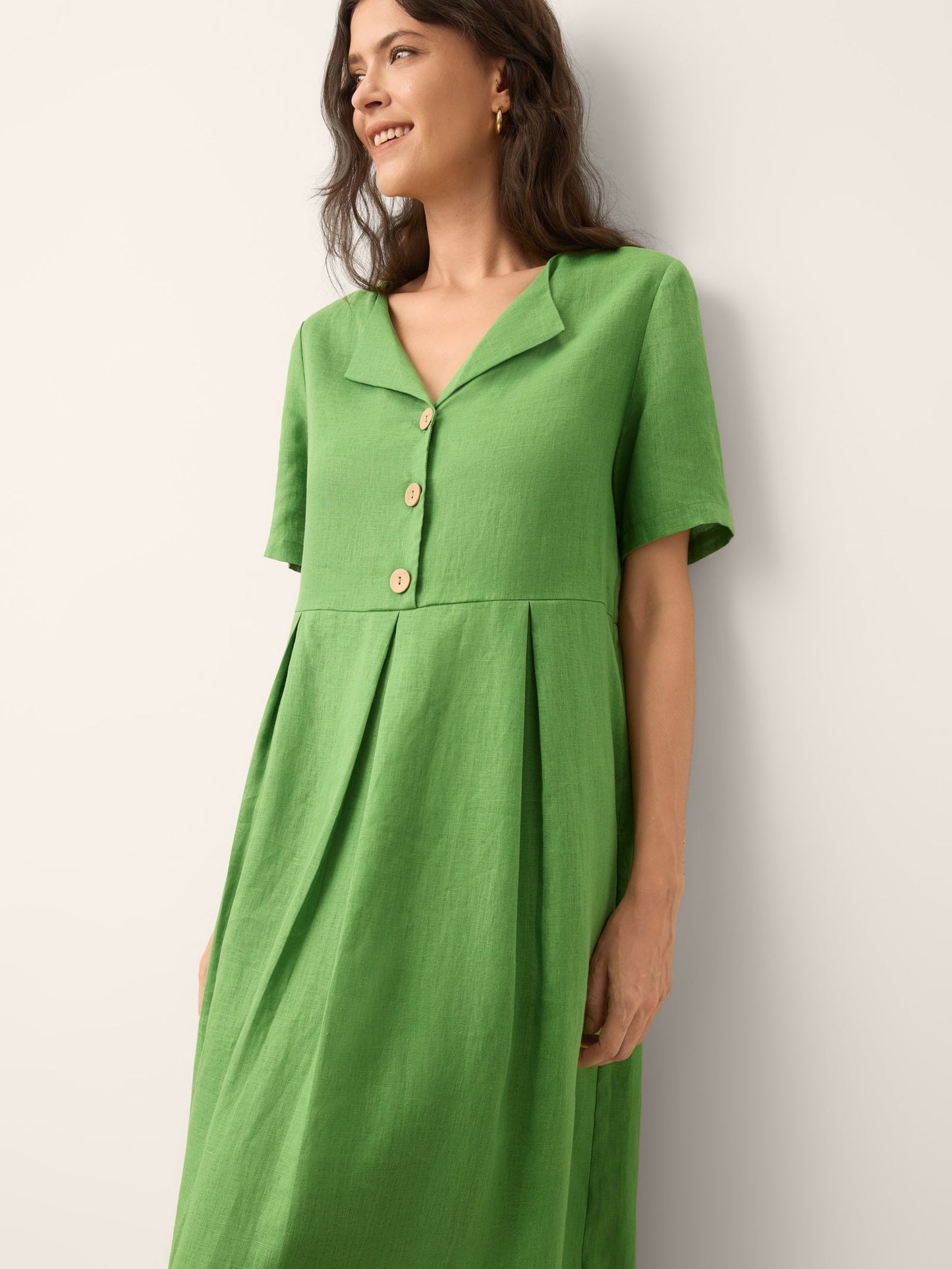 100% Linen Split Neck Button Detail Midi Dress SERAPHINE