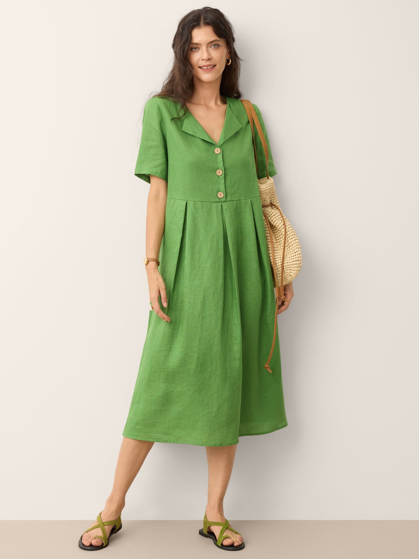 100% Linen Split Neck Button Detail Midi Dress SERAPHINE