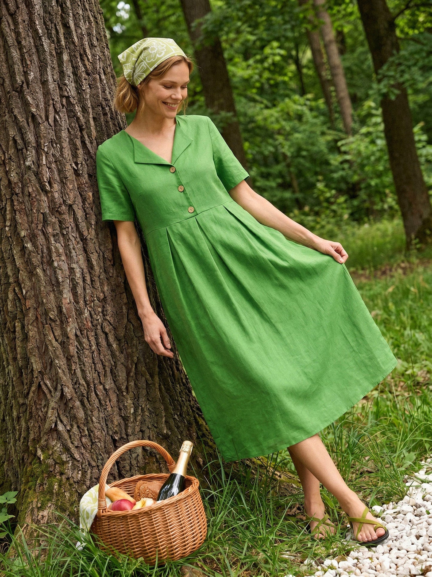 100% Linen Split Neck Button Detail Midi Dress SERAPHINE