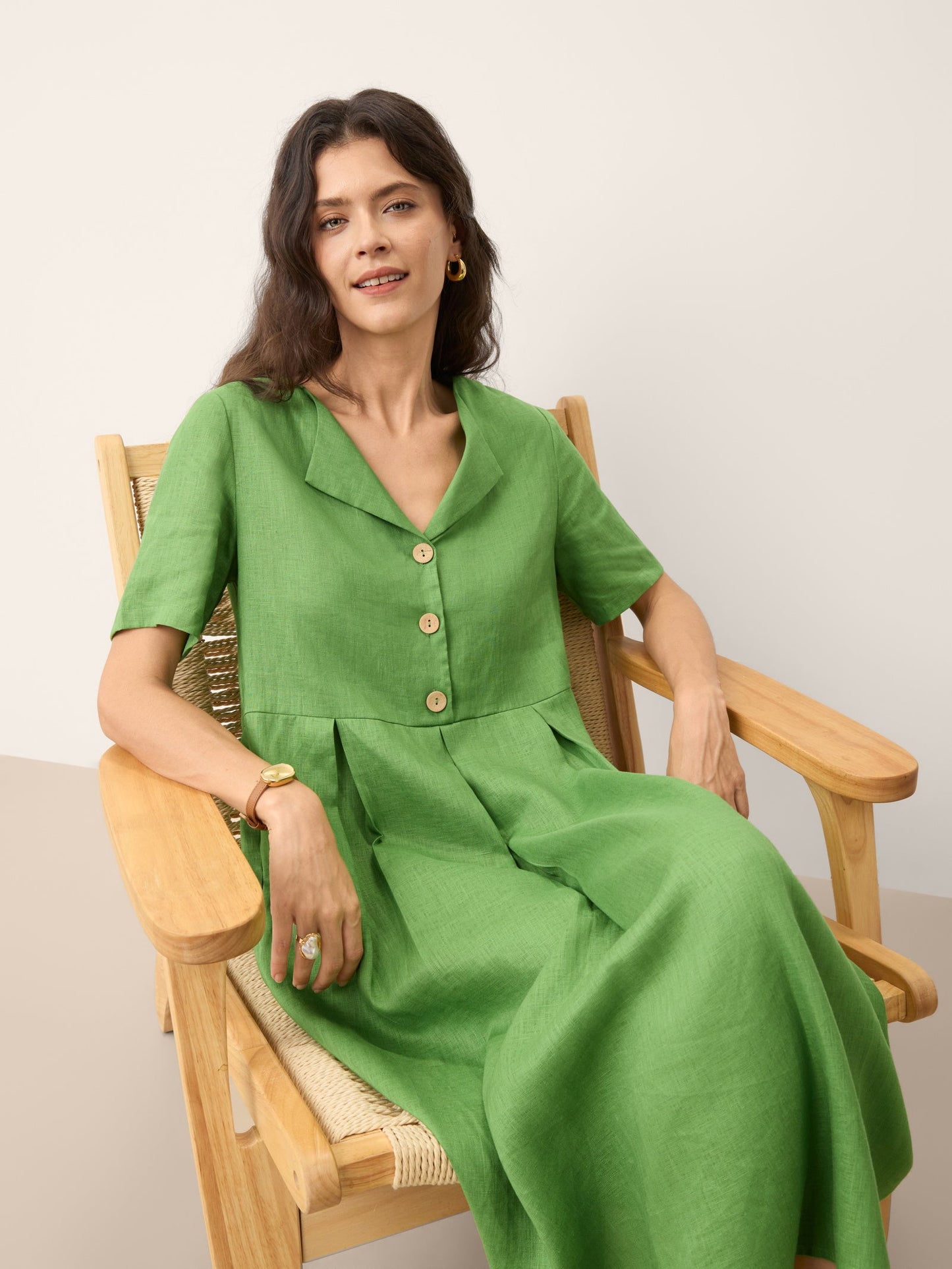 100% Linen Split Neck Button Detail Midi Dress SERAPHINE