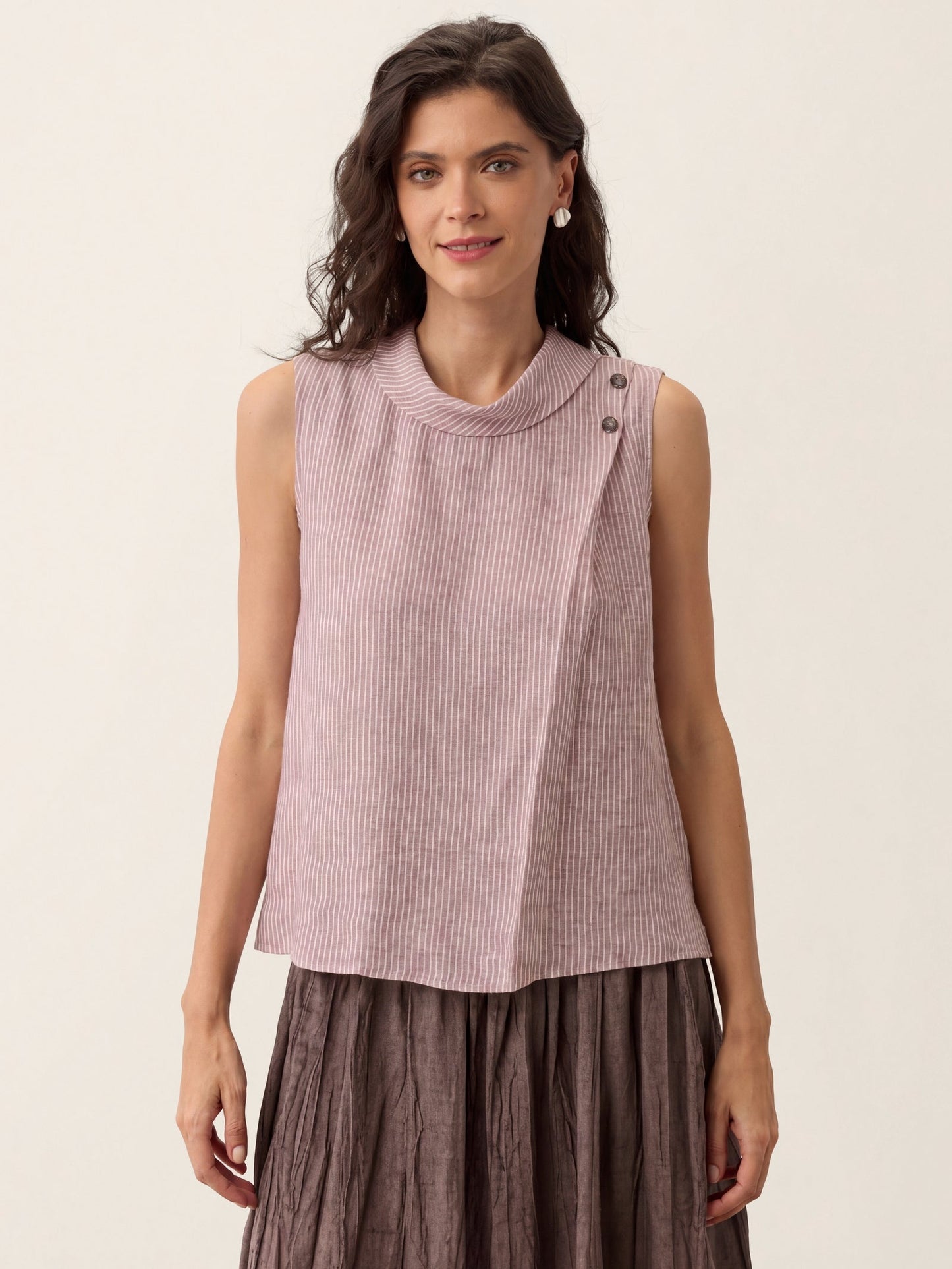 100% Linen Striped Diagonal Pleat Mock Neck Top ESTHER