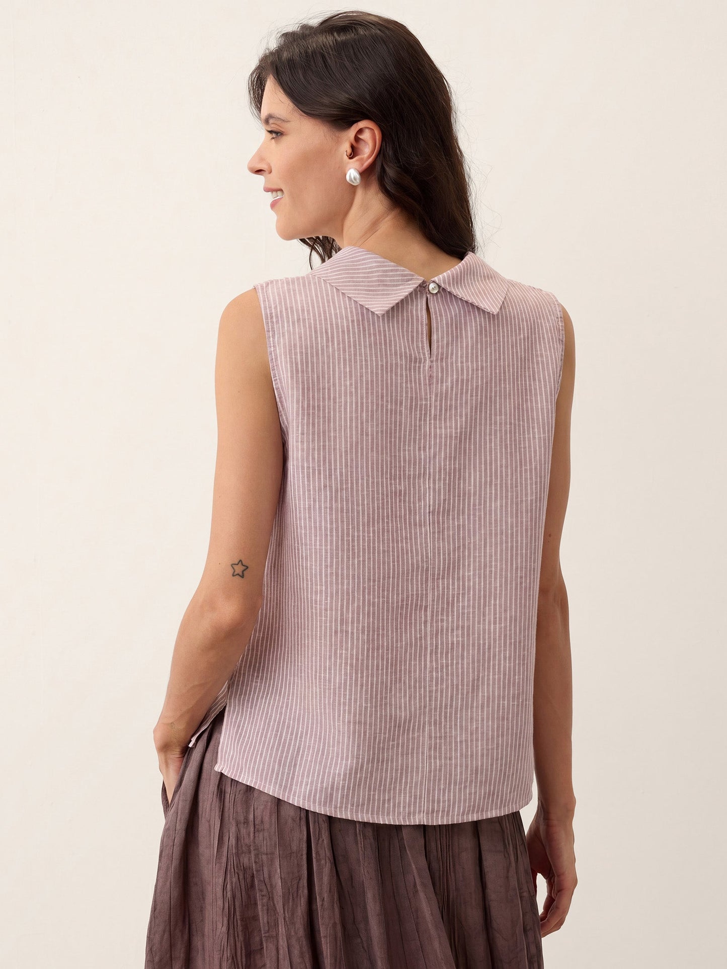 100% Linen Striped Diagonal Pleat Mock Neck Top ESTHER