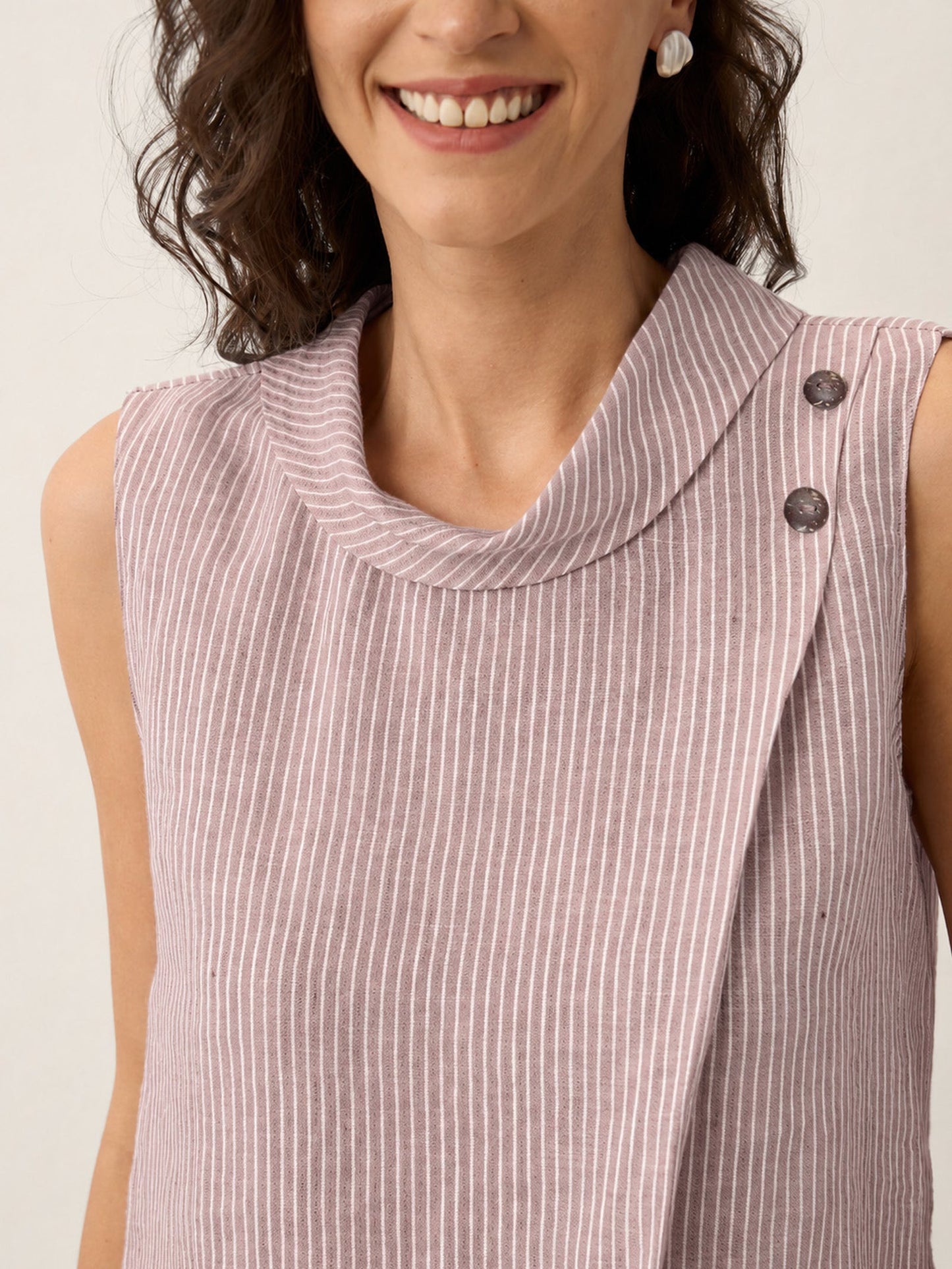 100% Linen Striped Diagonal Pleat Mock Neck Top ESTHER