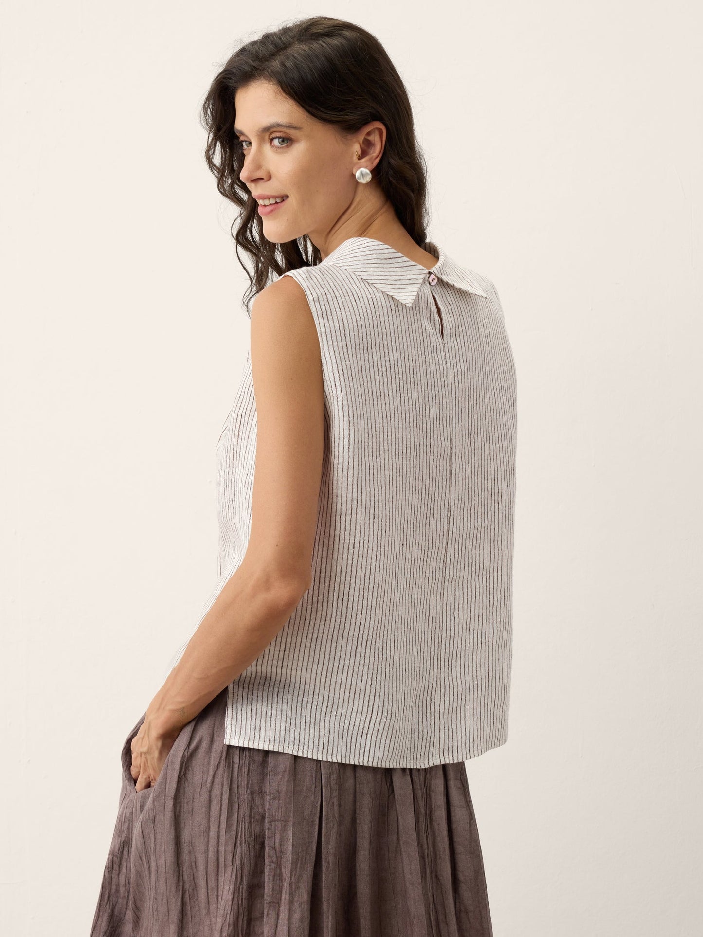 100% Linen Striped Diagonal Pleat Mock Neck Top ESTHER