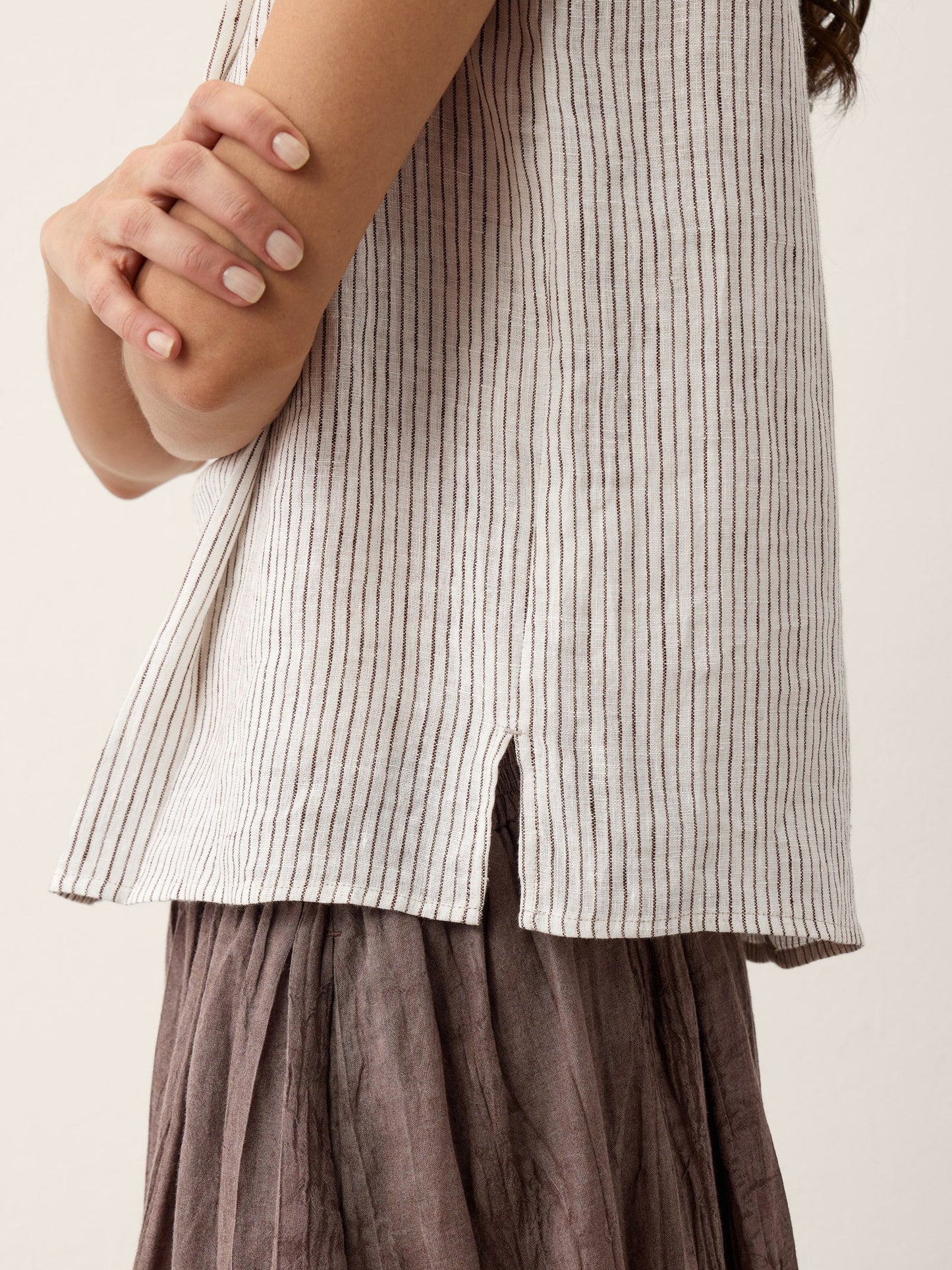 100% Linen Striped Diagonal Pleat Mock Neck Top ESTHER