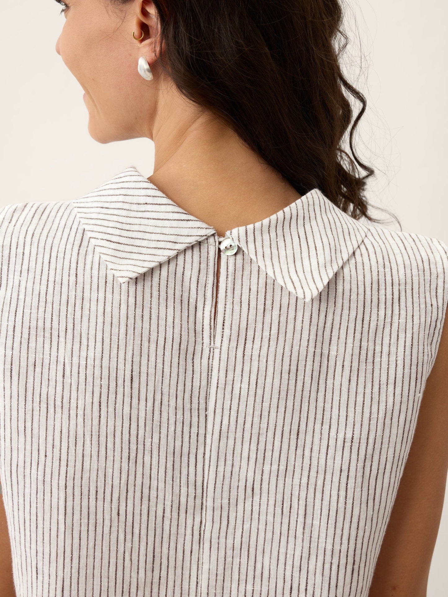 100% Linen Striped Diagonal Pleat Mock Neck Top ESTHER