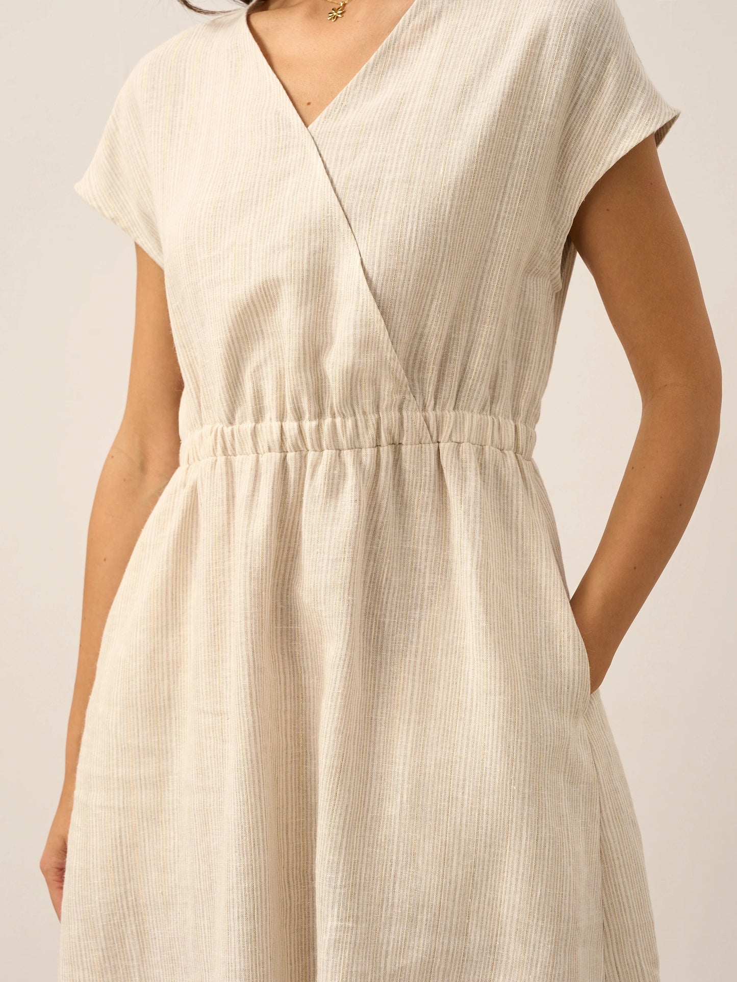 100% Linen Striped Elastic-Waist Mini Dress ARIA