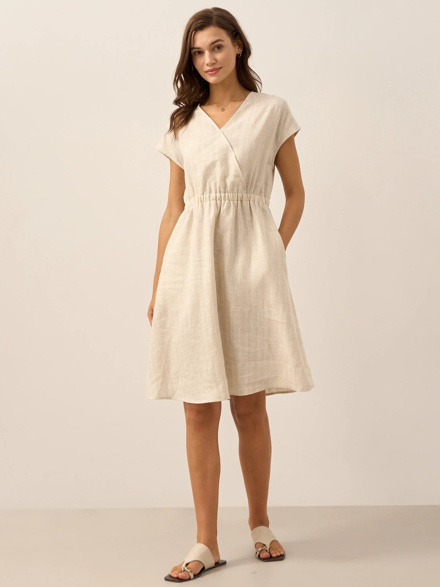 100% Linen Striped Elastic-Waist Mini Dress ARIA