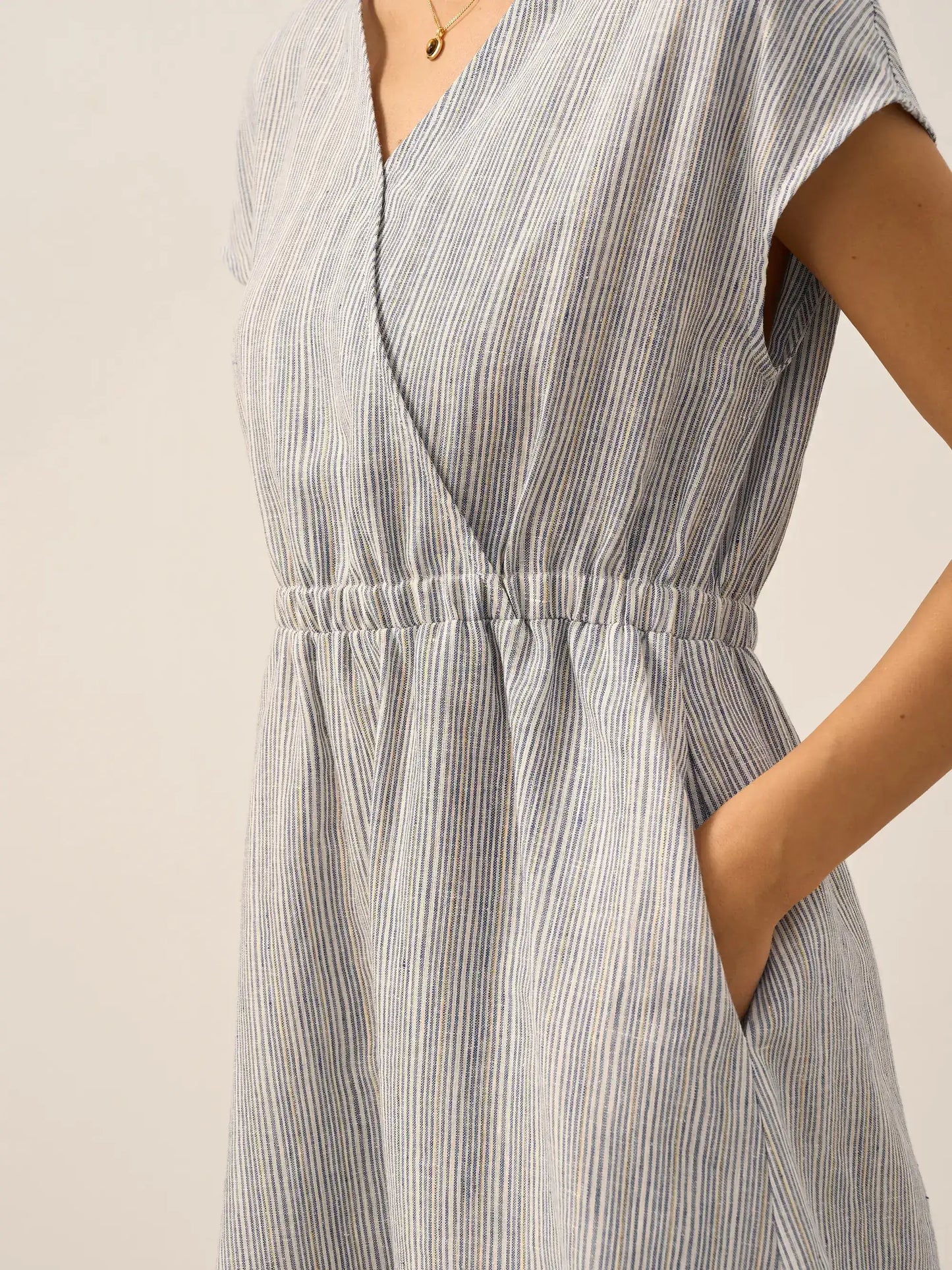 100% Linen Striped Elastic-Waist Mini Dress ARIA