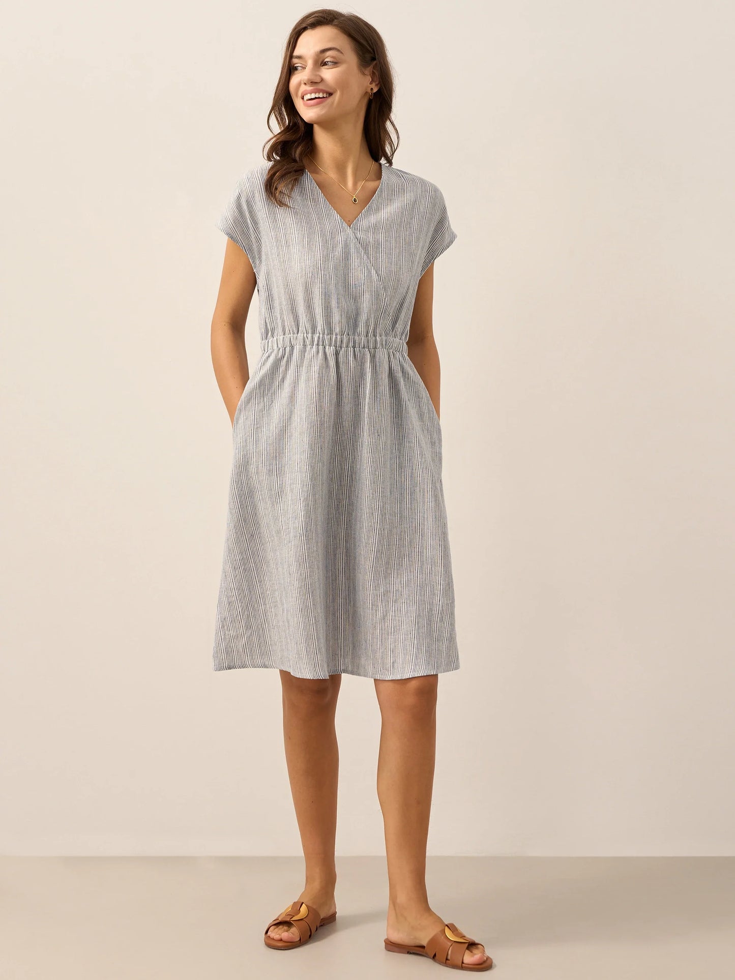 100% Linen Striped Elastic-Waist Mini Dress ARIA