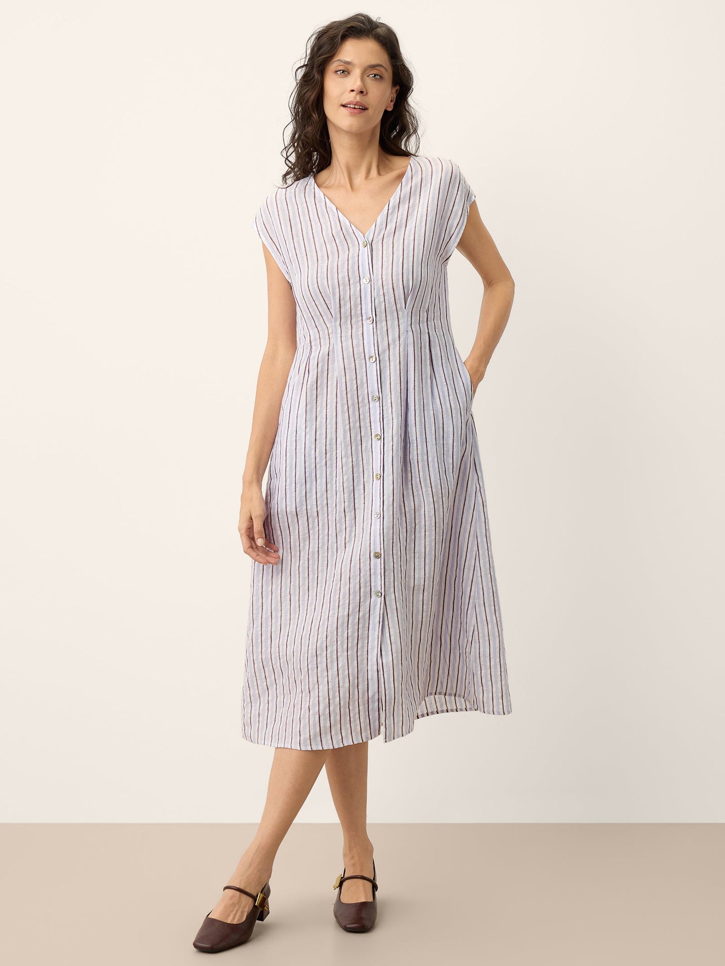 100% Linen Striped Tailored Cap Sleeve Midi Dress AGNES