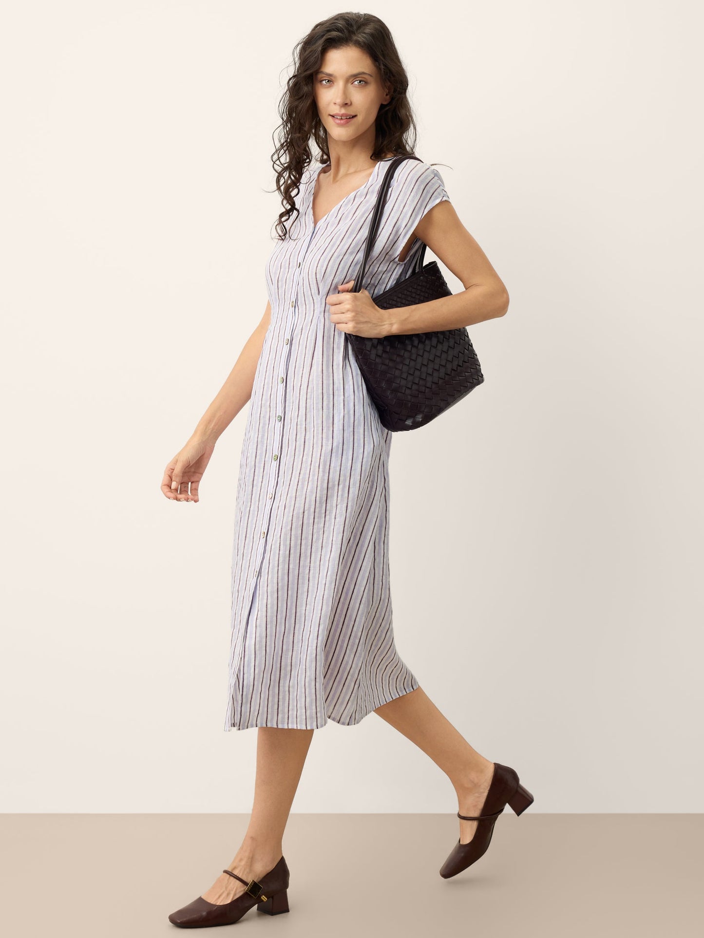 100% Linen Striped Tailored Cap Sleeve Midi Dress AGNES
