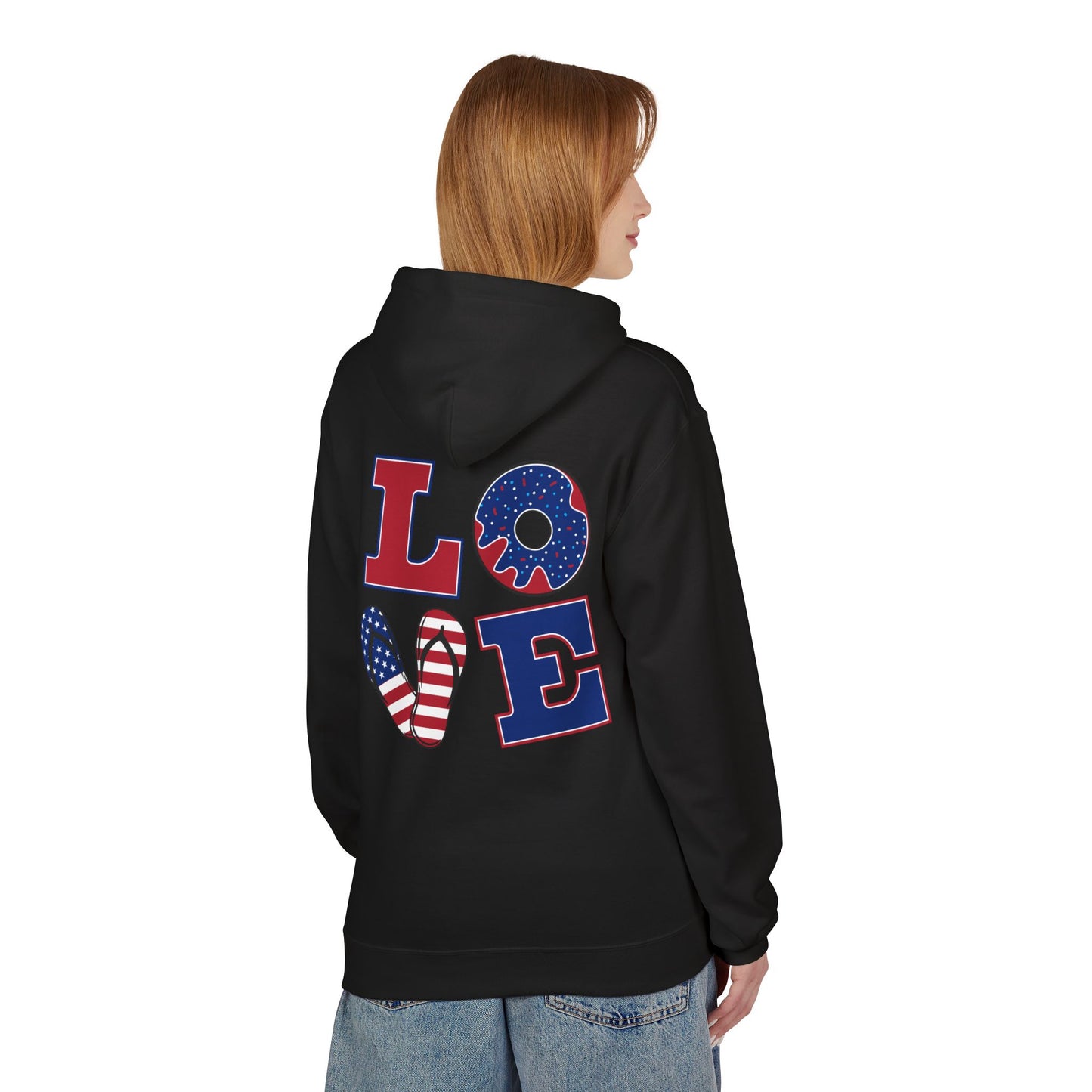 Patriotic 'Merica Peace Sign Hoodie — American Flag LOVE Back Graphic