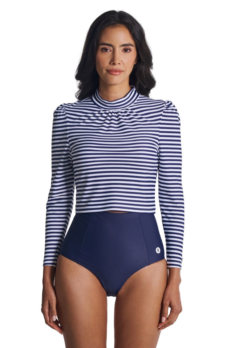 Toscana Puff | Women's Sleeve Swim Top | White/Navy Stripe