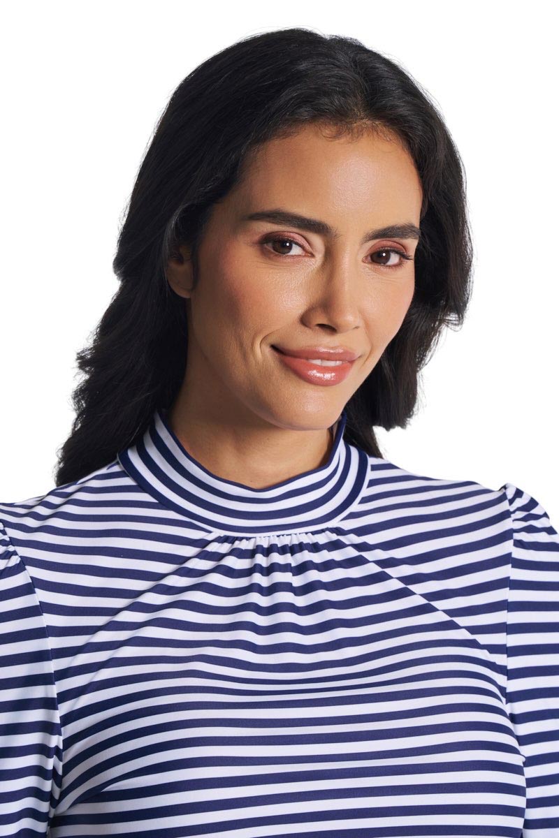 Toscana Puff | Women's Sleeve Swim Top | White/Navy Stripe