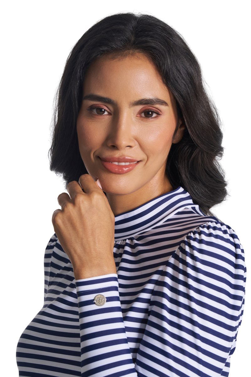 Toscana Puff | Women's Sleeve Swim Top | White/Navy Stripe