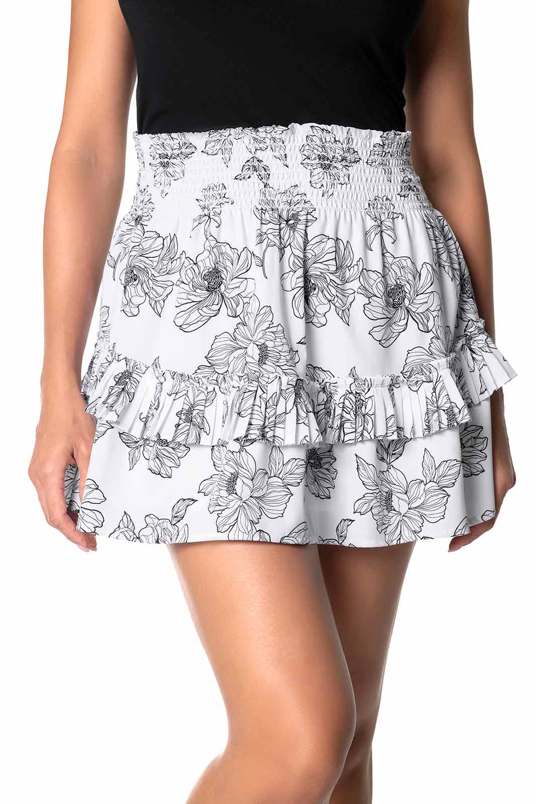 Charlotte Bay | Women's Ruffle Skirt | White/Black Perfect Peony
