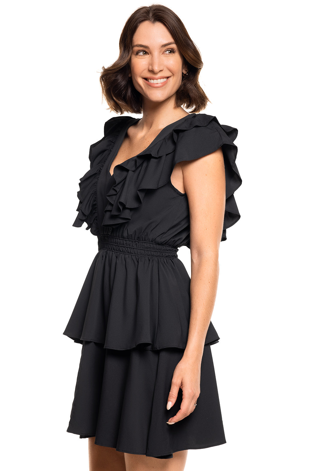 South Cove | Women's V-Neck Ruffle Dress | Black