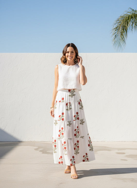 Cotton Tiered Long Skirt | Rouge