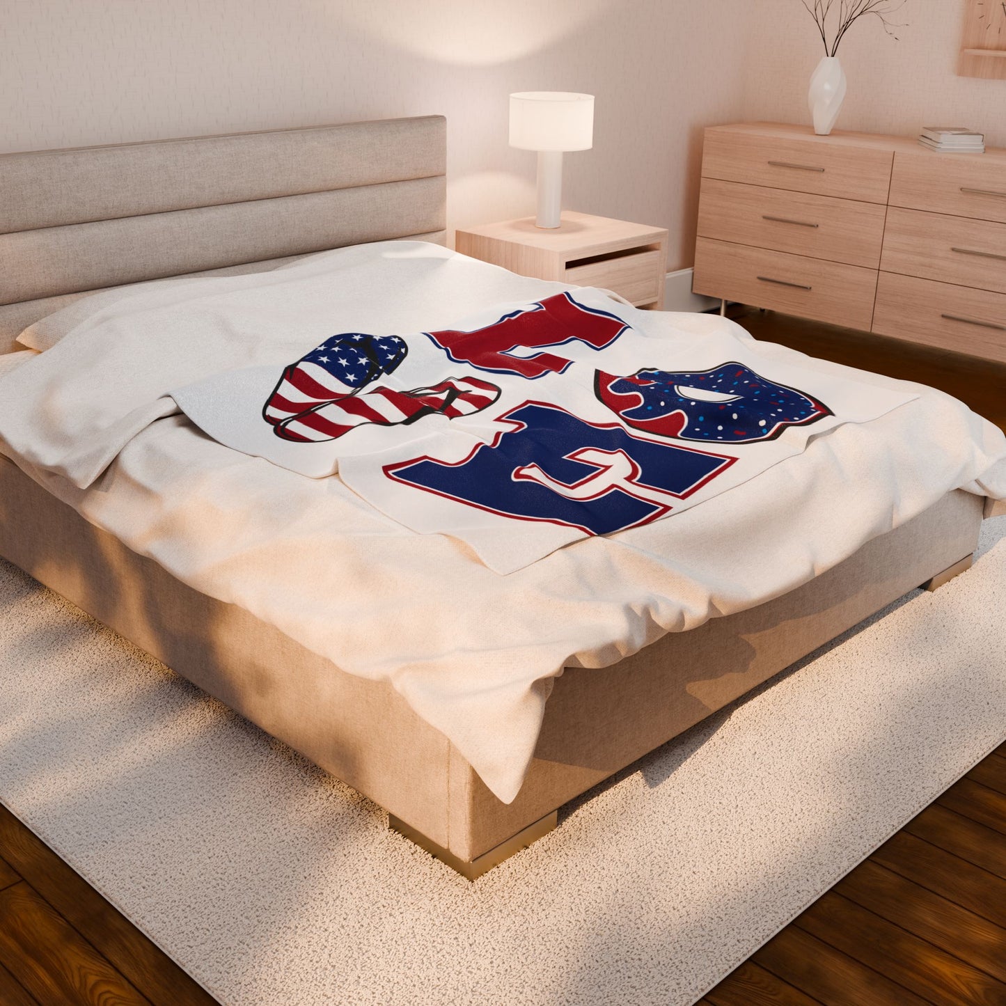 Patriotic 'LOVE' Velveteen Plush Blanket — USA Flag Flip-Flop & Donut Design