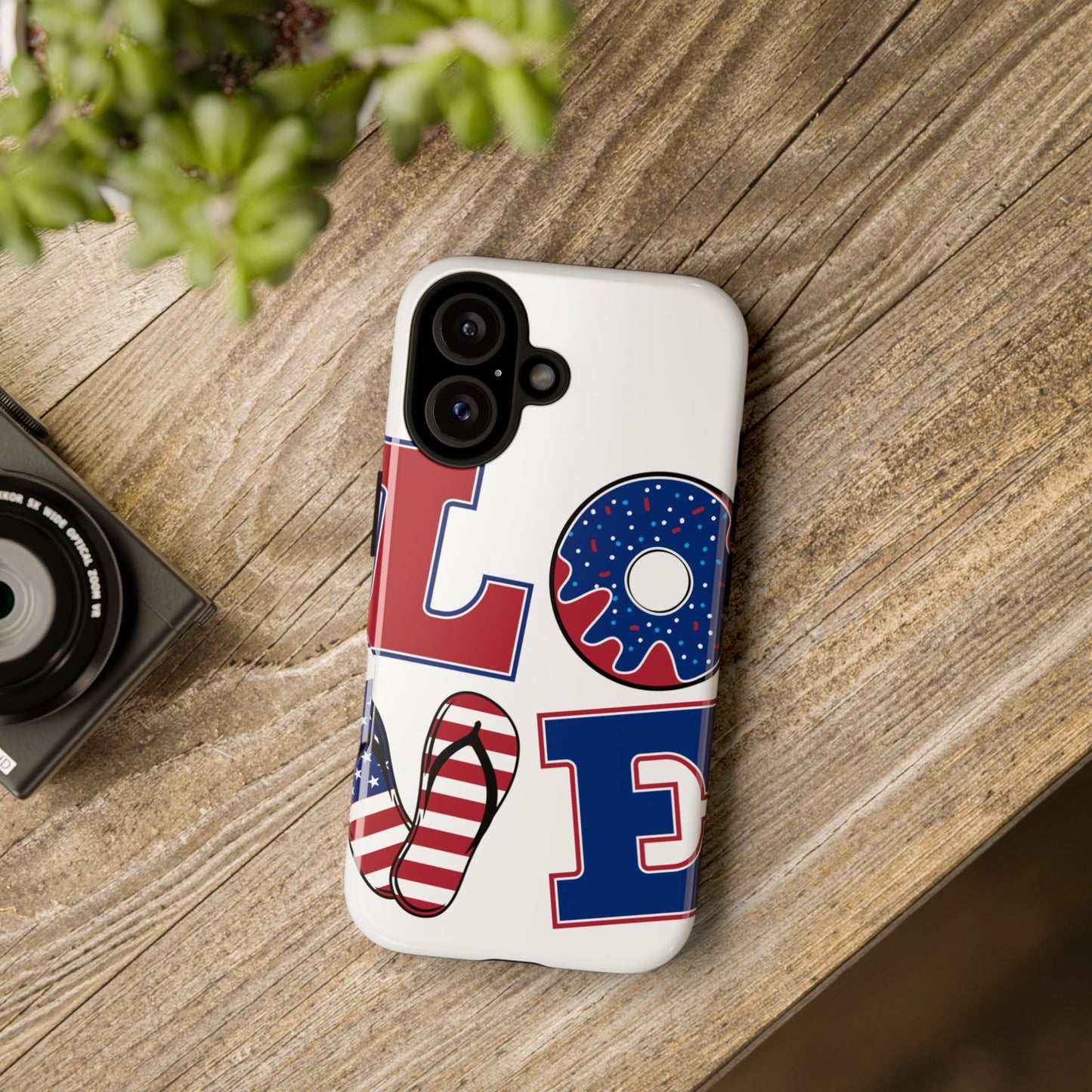 Patriotic "Love" Tough Case – American Flag Flip Flop & Donut Phone Cover