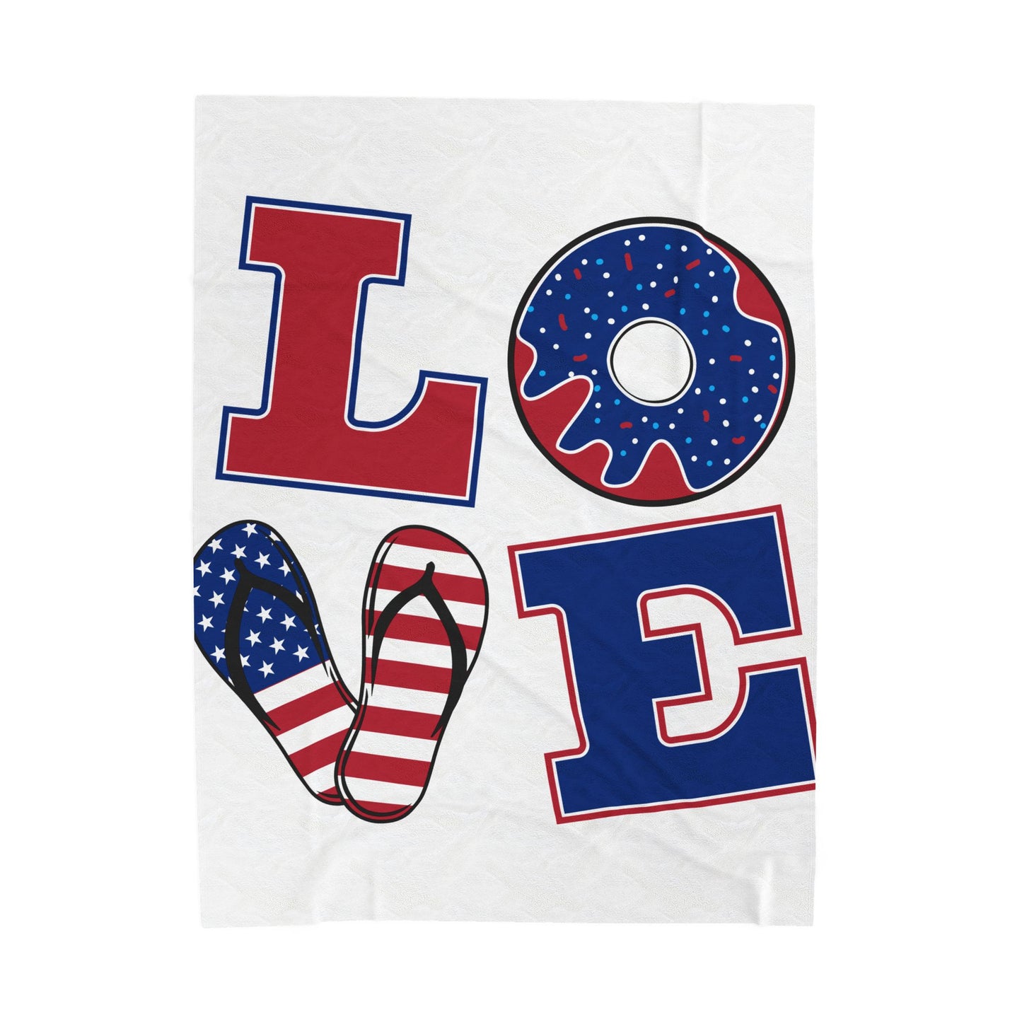 Patriotic 'LOVE' Velveteen Plush Blanket — USA Flag Flip-Flop & Donut Design