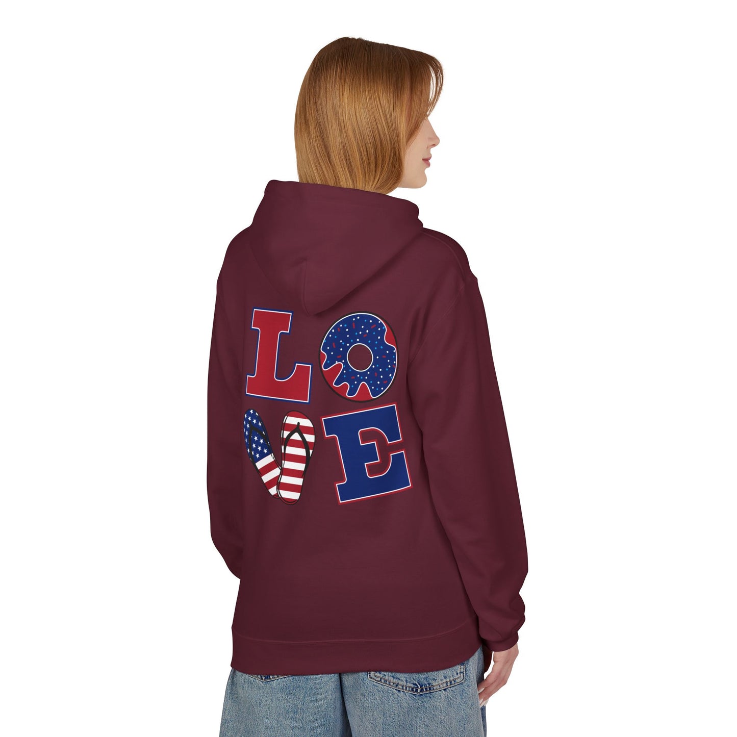 Patriotic 'Merica Peace Sign Hoodie — American Flag LOVE Back Graphic
