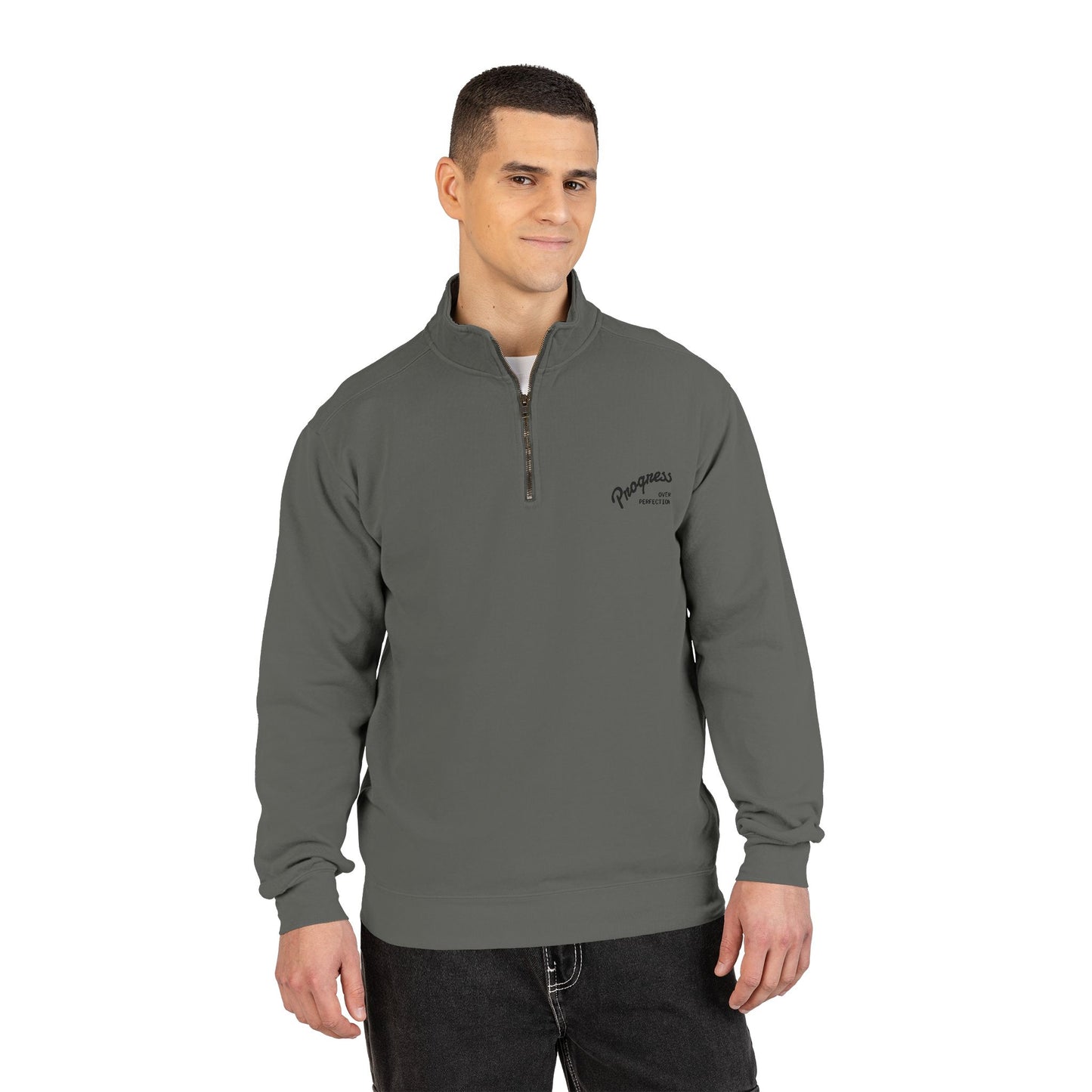 Quarter-Zip Sweatshirt — Minimal 'Progressively' Script Chest Logo