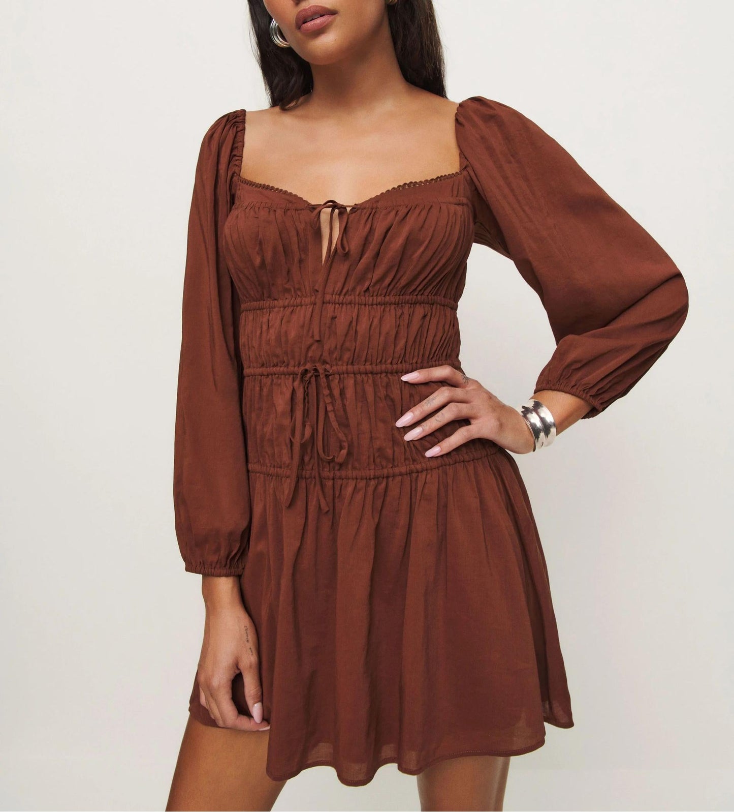 Square Collar Lace Elastic Pleated Waist Tight Ninth Sleeve Spring Slim Fitting Dress