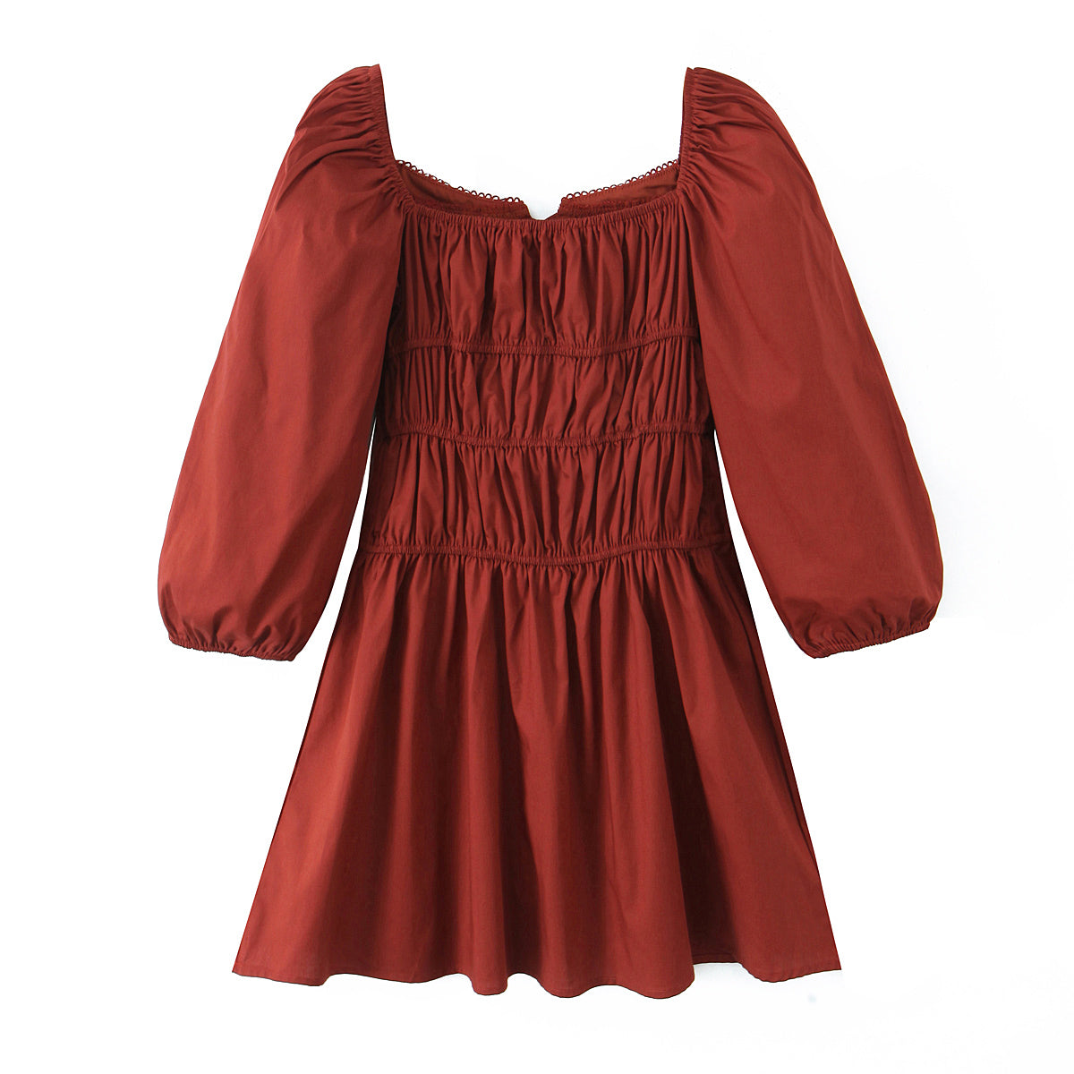 Square Collar Lace Elastic Pleated Waist Tight Ninth Sleeve Spring Slim Fitting Dress