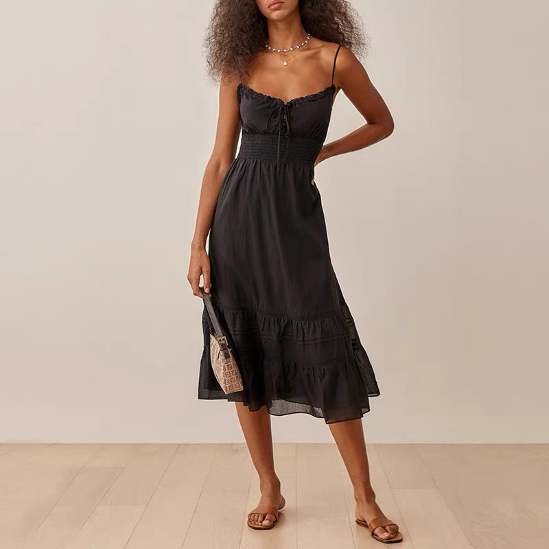 Spring Vintage Sexy Elastic Waisted Slimming Lace Fairy Spaghetti Strap Dress