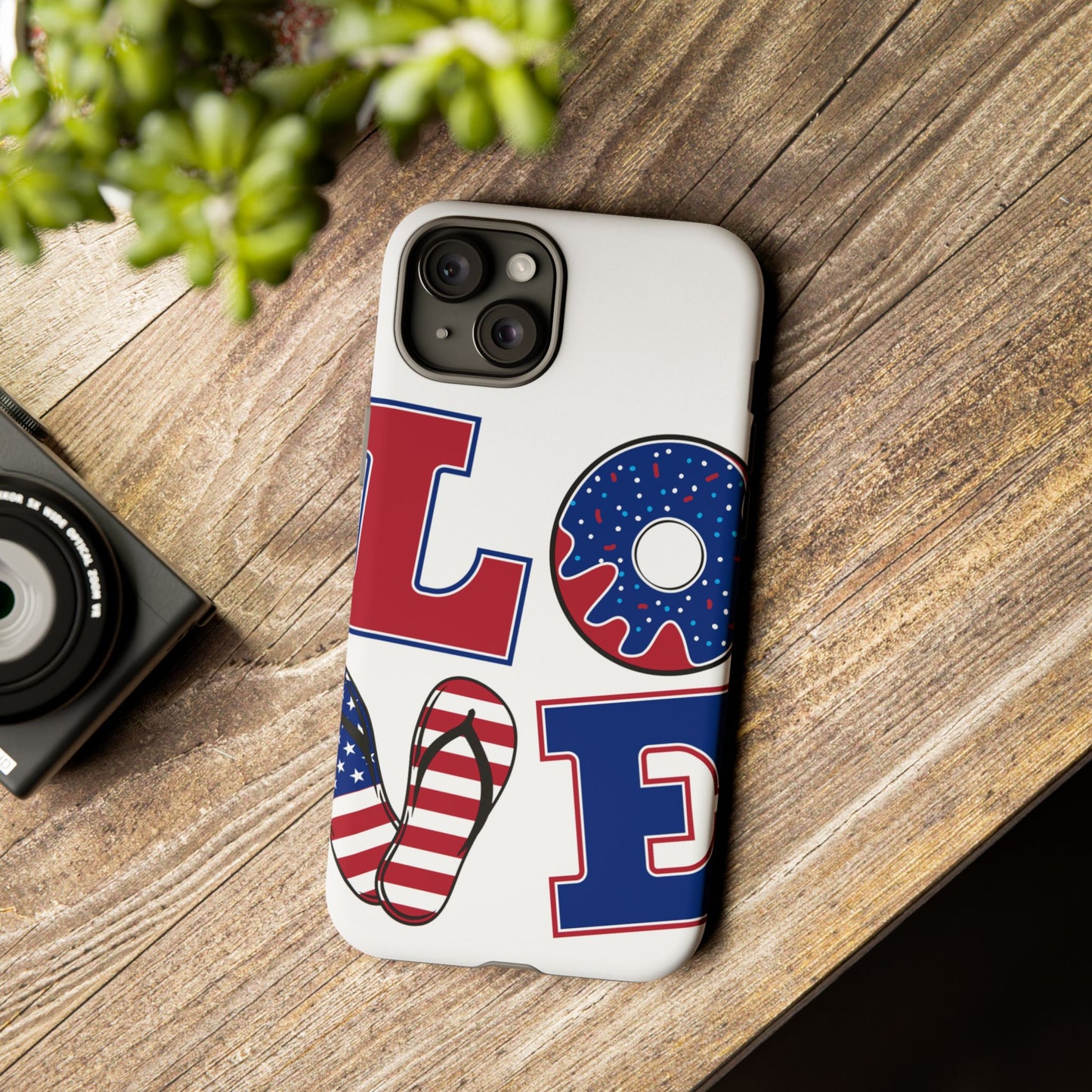 Patriotic "Love" Tough Case – American Flag Flip Flop & Donut Phone Cover