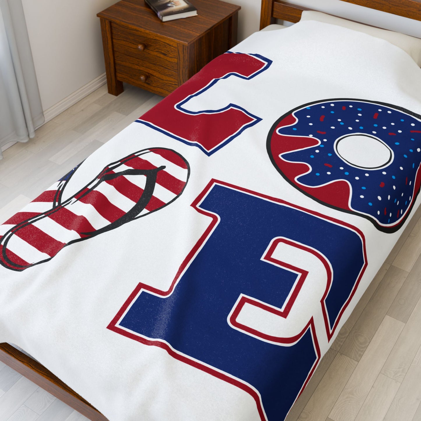 Patriotic 'LOVE' Velveteen Plush Blanket — USA Flag Flip-Flop & Donut Design