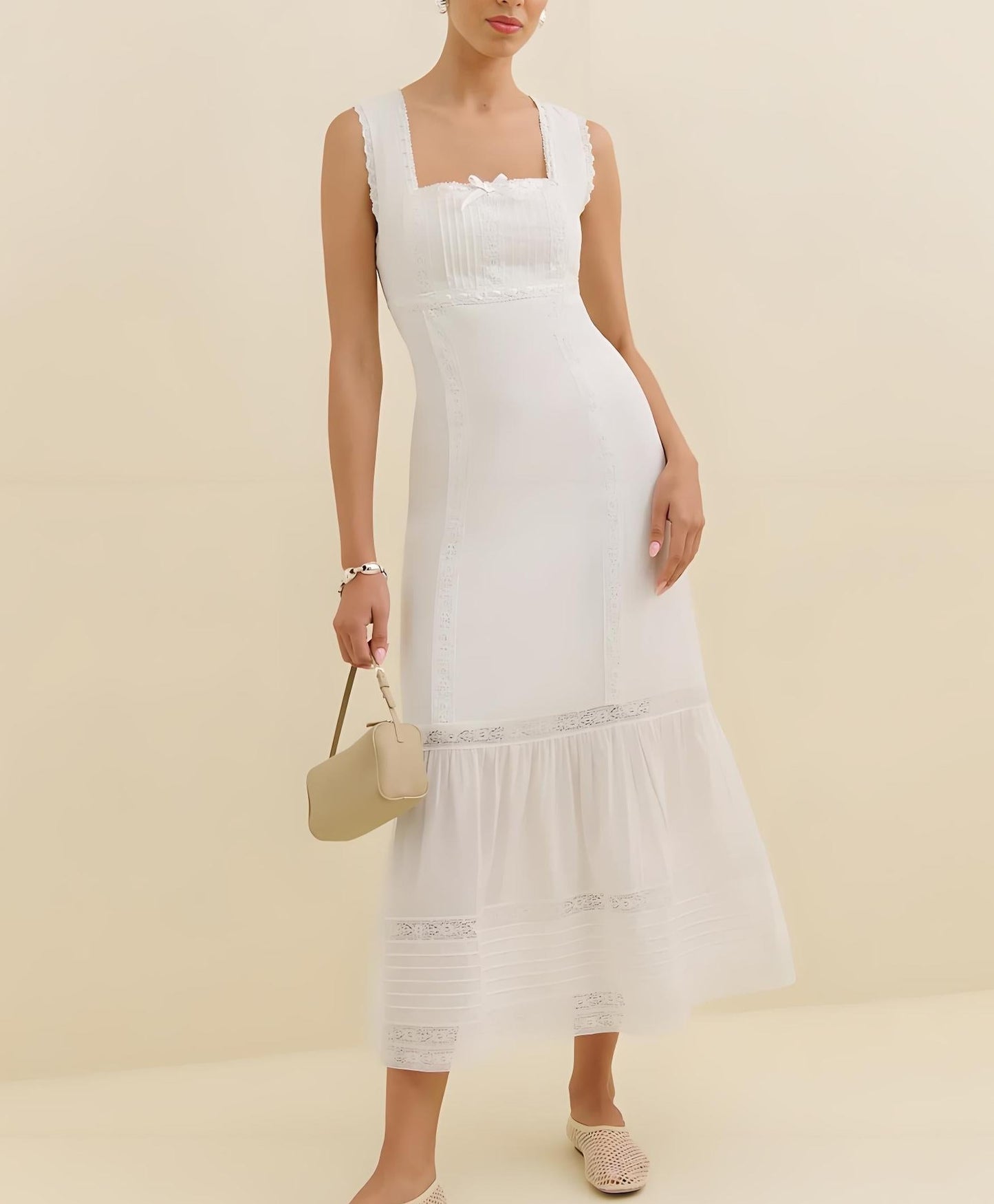 Spring Lace Slim Fit Bow Embellished Square Collar Vest Dress