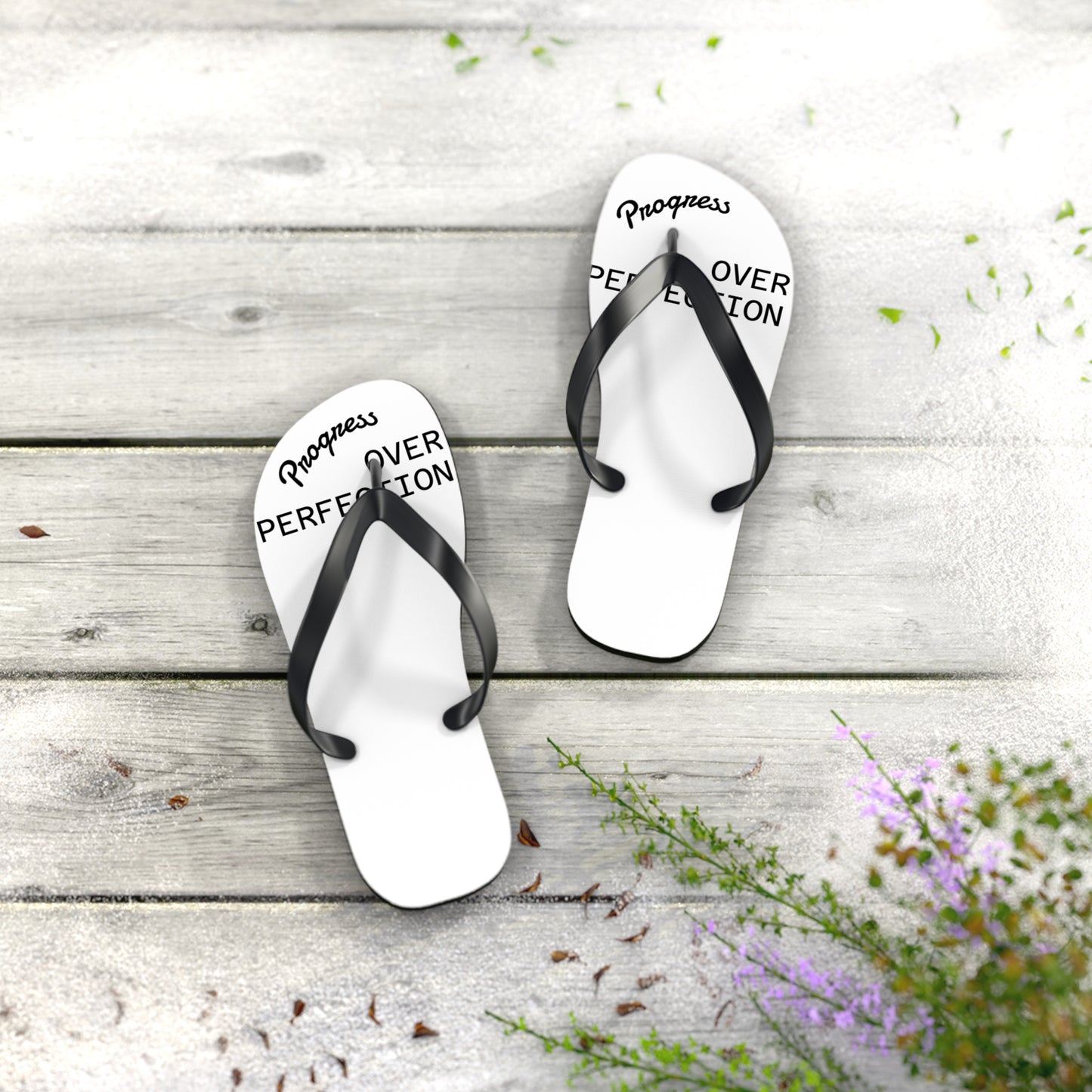 Flip Flops – “Progress Over Perfection” Beach Sandals – Inspirational Summer Footwear