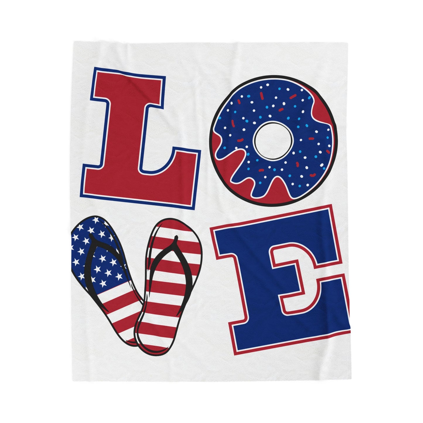 Patriotic 'LOVE' Velveteen Plush Blanket — USA Flag Flip-Flop & Donut Design