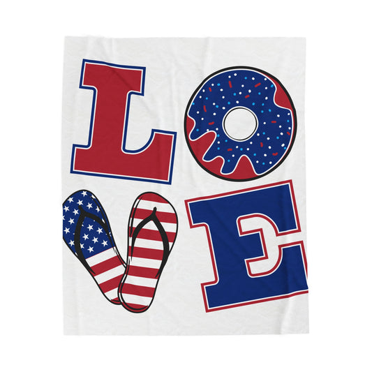 Patriotic 'LOVE' Velveteen Plush Blanket — USA Flag Flip-Flop & Donut Design