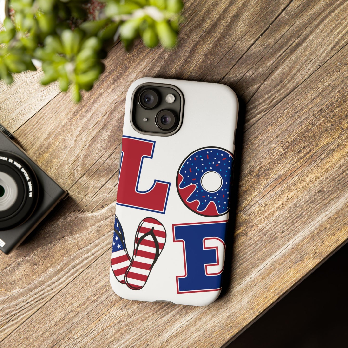 Patriotic "Love" Tough Case – American Flag Flip Flop & Donut Phone Cover