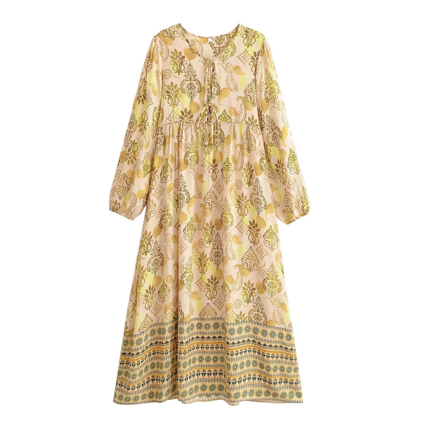 Women Loose Bohemian Flared Dress with Embroidered Tassel Print
