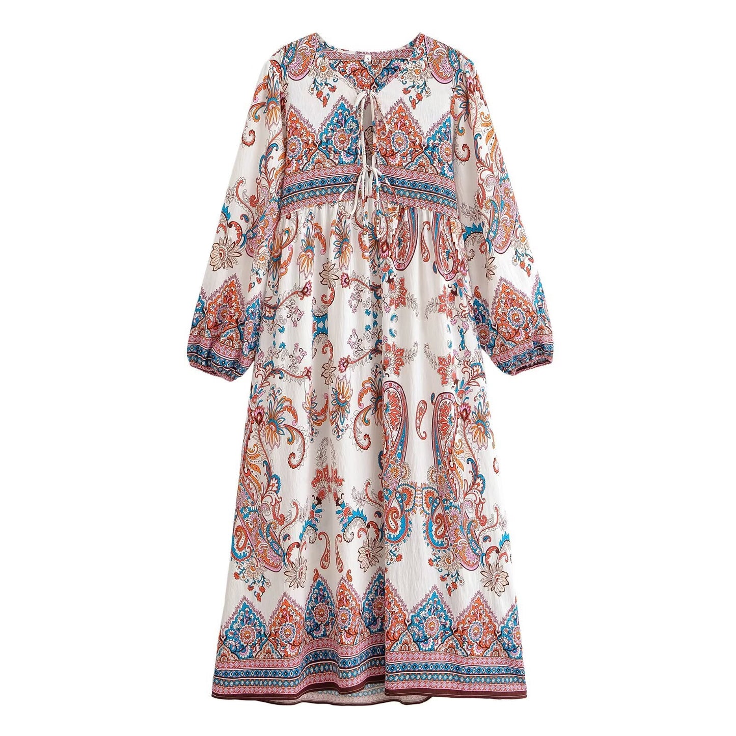 Women Loose Bohemian Flared Dress with Embroidered Tassel Print