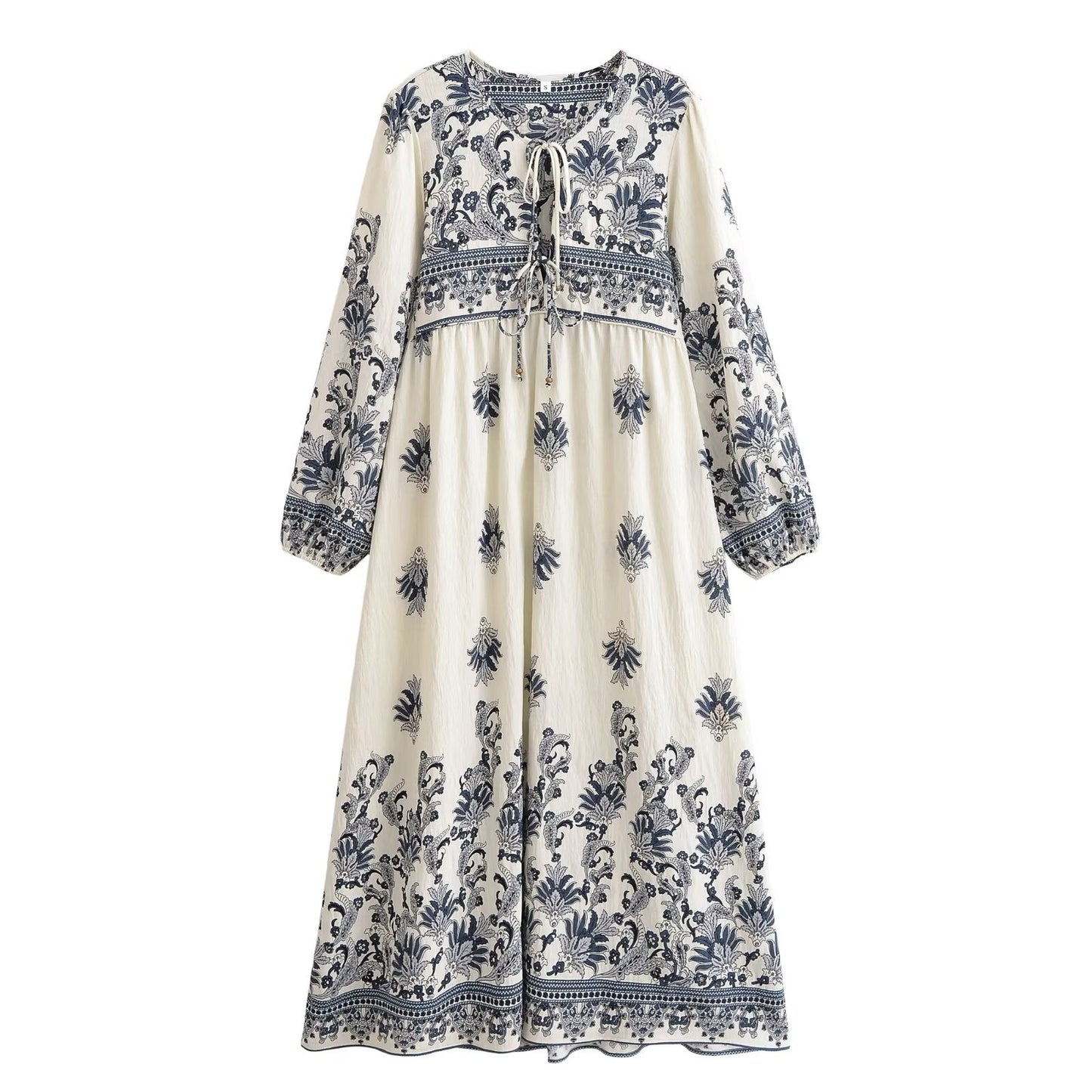 Women Loose Bohemian Flared Dress with Embroidered Tassel Print